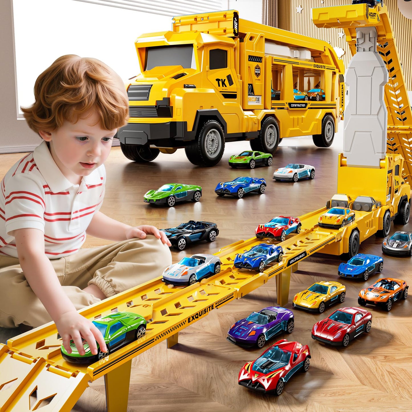 XINNOVEL Toddler Car Truck Toys for 3 4 5 6 7 8 Years Old Boys, Transporter Truck Toy Track Set with 12 Die-Cast Car Toys, Toy Gifts for 3 4 5 6 Year Old Boys Kids