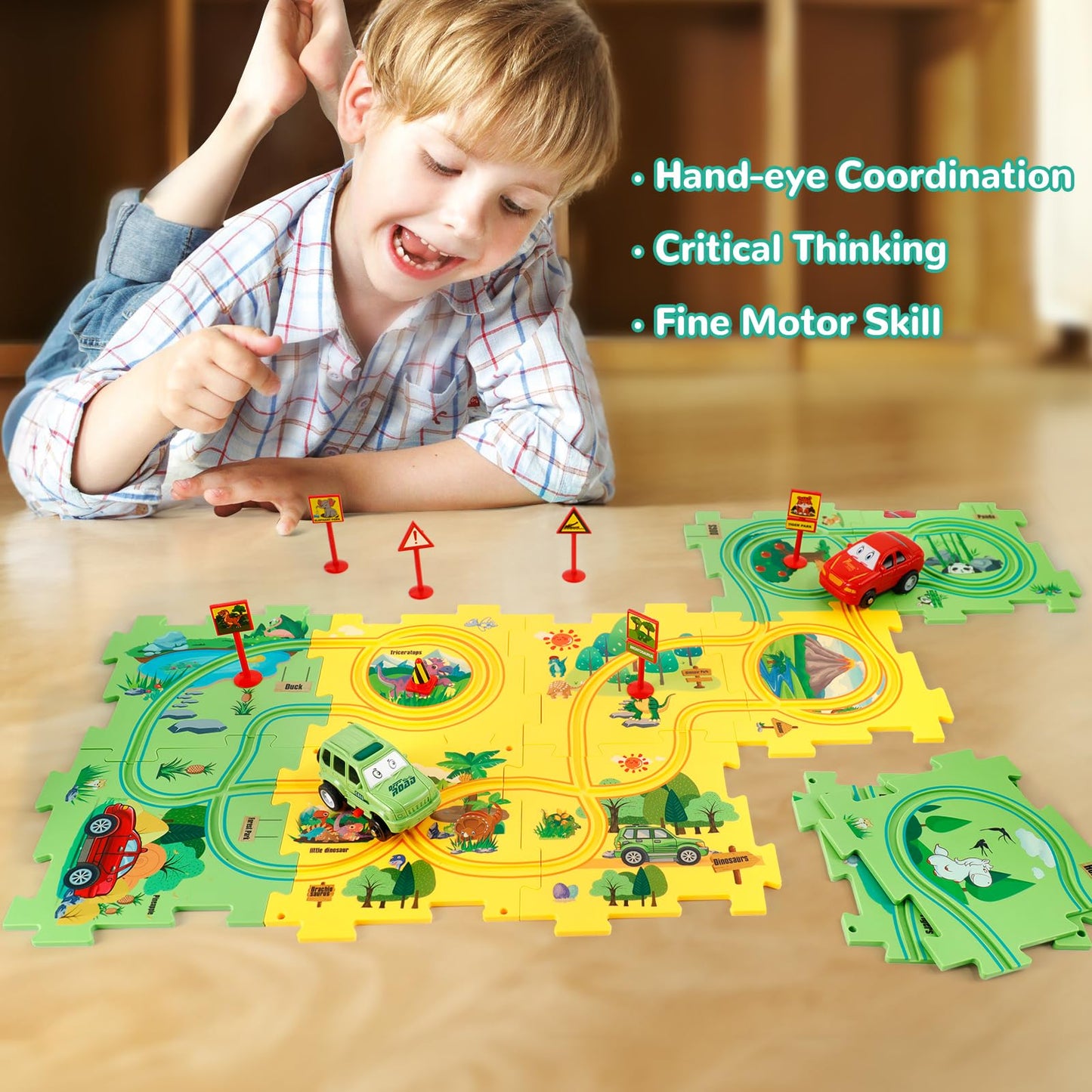 YOOYID Plastic Floor Puzzles for Kids Ages 3-5 with 2 Cute Vehicles, Race Tracks for Kids 3-5, Puzzle Racer Kids Car Track Set, Toys for 3 4 5 6 Year Old Boys Girls, STEM Toys for Kids