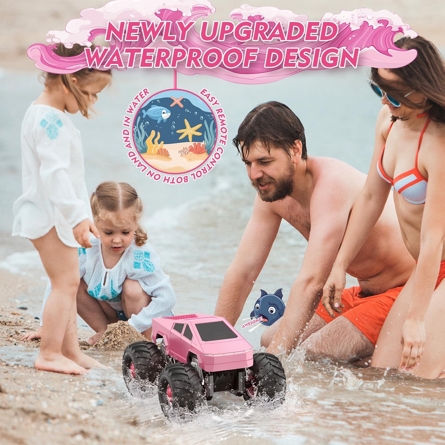 iDrone Remote Control Car Cyber RC Truck Toy, 1:16 2.4GHz 4WD Off-Road Amphibious Waterproof Monster Truck for All Terrain, Kids Birthday Gifts for Boys Girls Age 6 7 8 9 10 11 12 Year Olds (Pink)