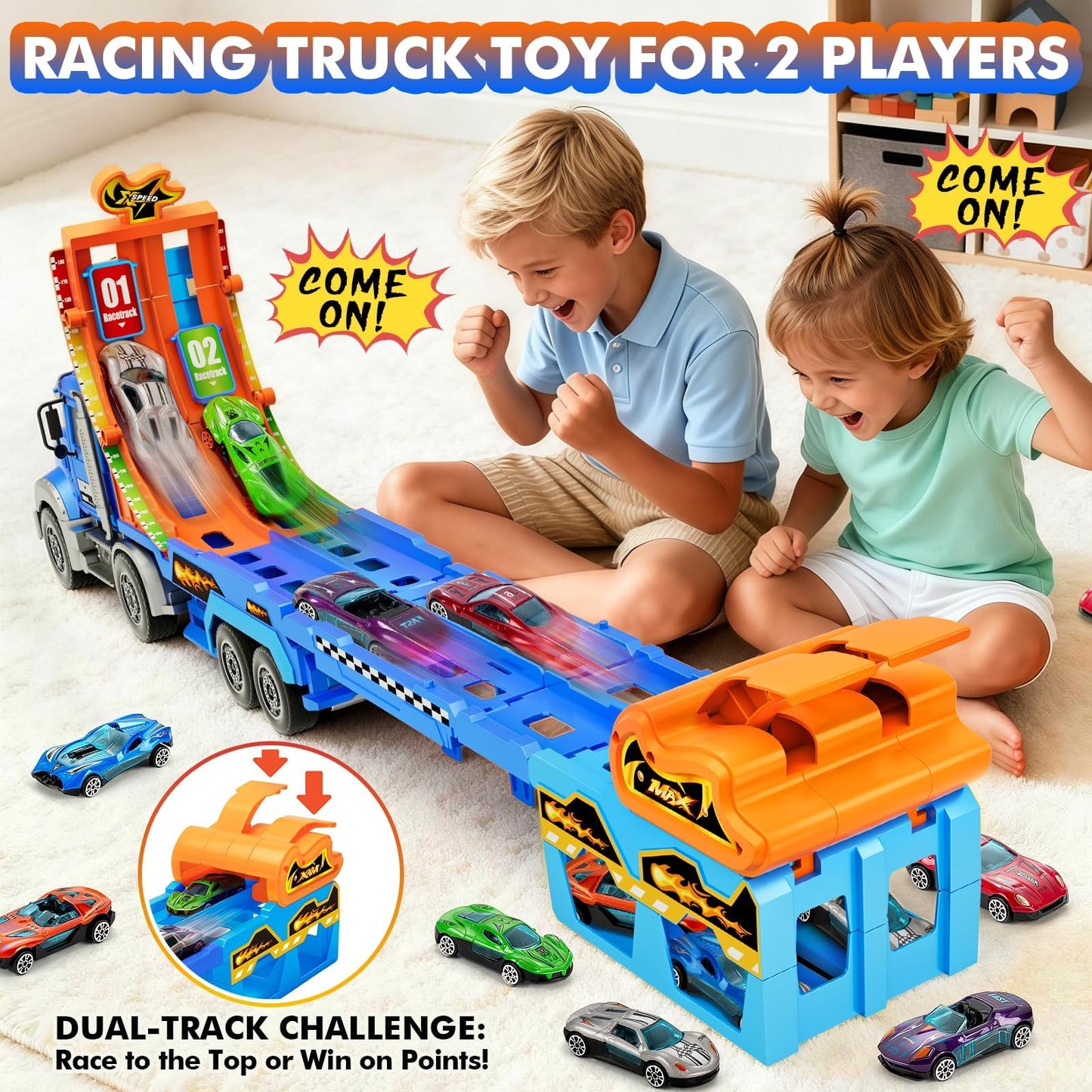 Truck Car Toys for 3, 4, 5, 6, 7, 8 Years Old Kids, Carrier Truck Race Track Toys, Foldable Transport Car Toys with Foldable Race Tracks and 6 Metal Cars, Birthday Gifts for Toddler Boys Girls (Blue)