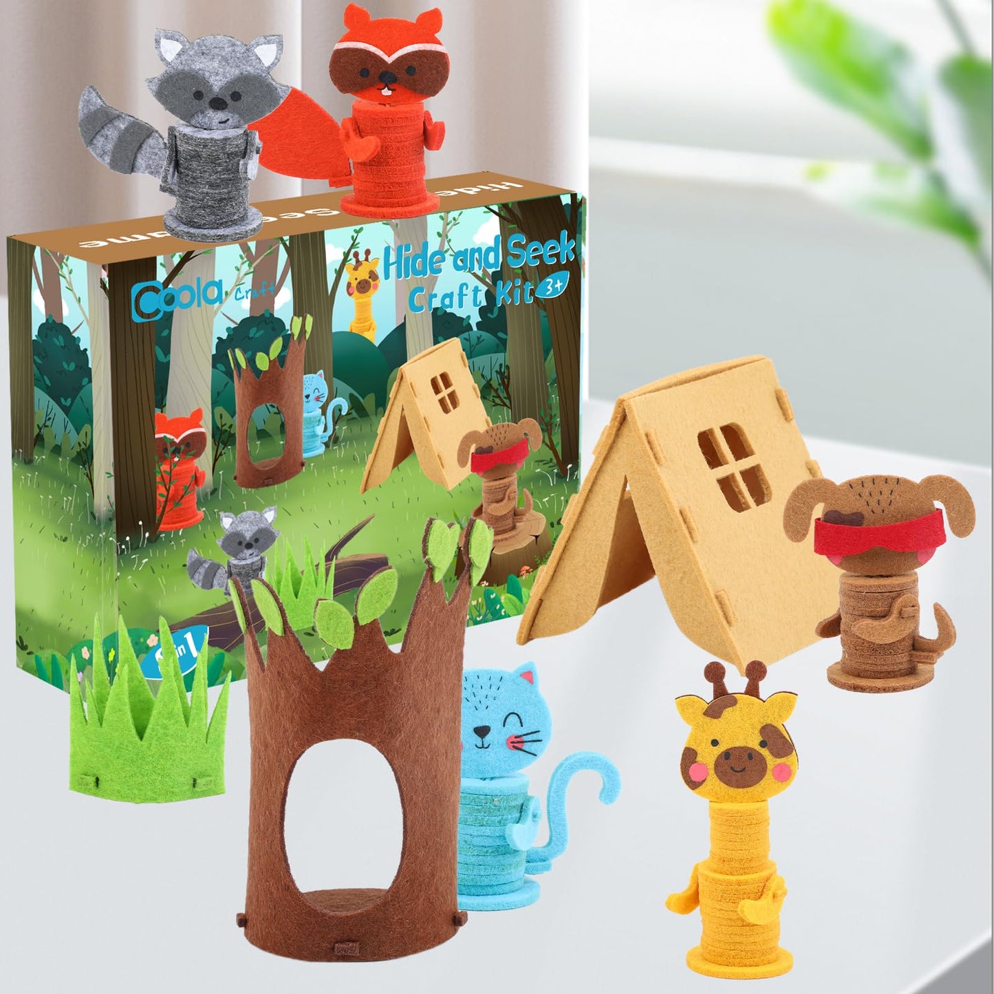 Coola Animal Hide & Seek Craft Kit - 8Pcs Preschool Beginner's DIY Toy Set for Kids Ages 3-6, Includes Cat, Dog, Giraffe, Raccoon, for Boys & Girls 4-8 Years