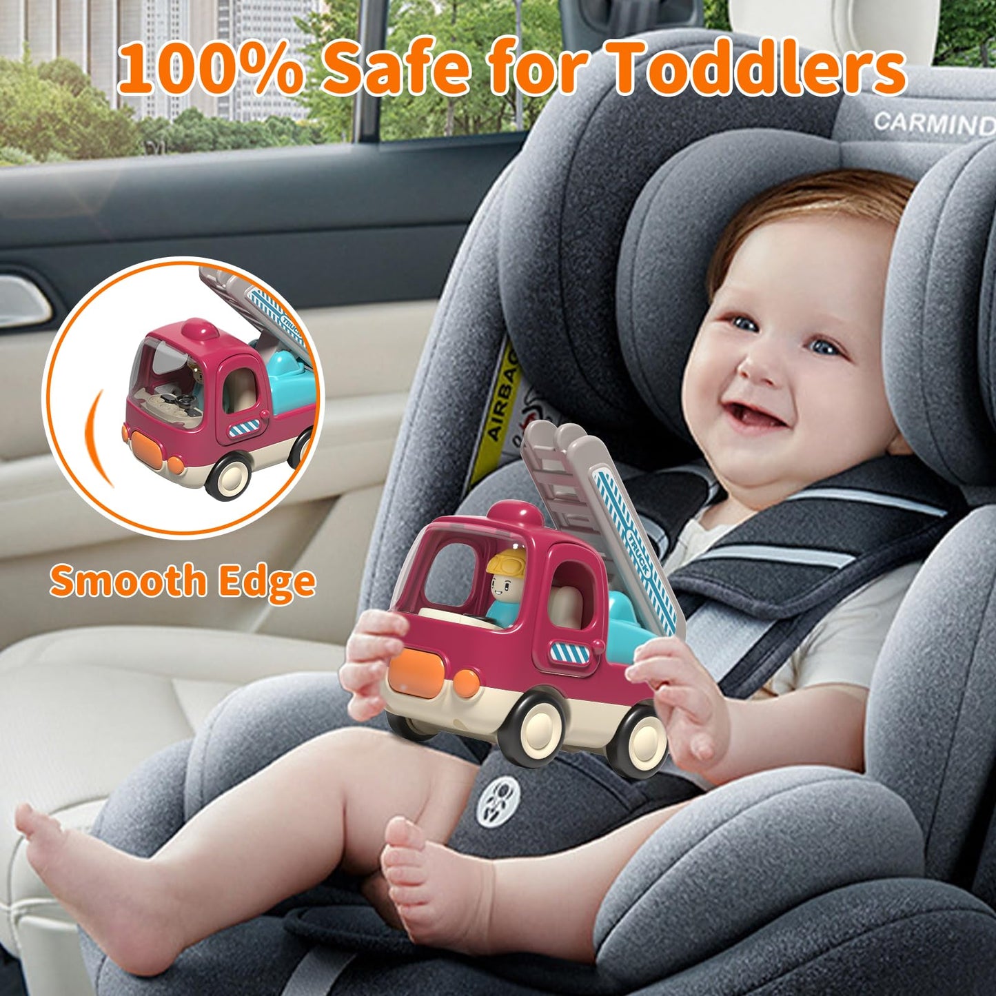 PANITU Baby Toys Push Cars for 1 2 3 Year Old 2 Pack Friction Powered Airplane Fire Trucks for Toddlers 1-3 Lights and Musical Toys for 1 Year Old First Birthday Gifts for Toddler