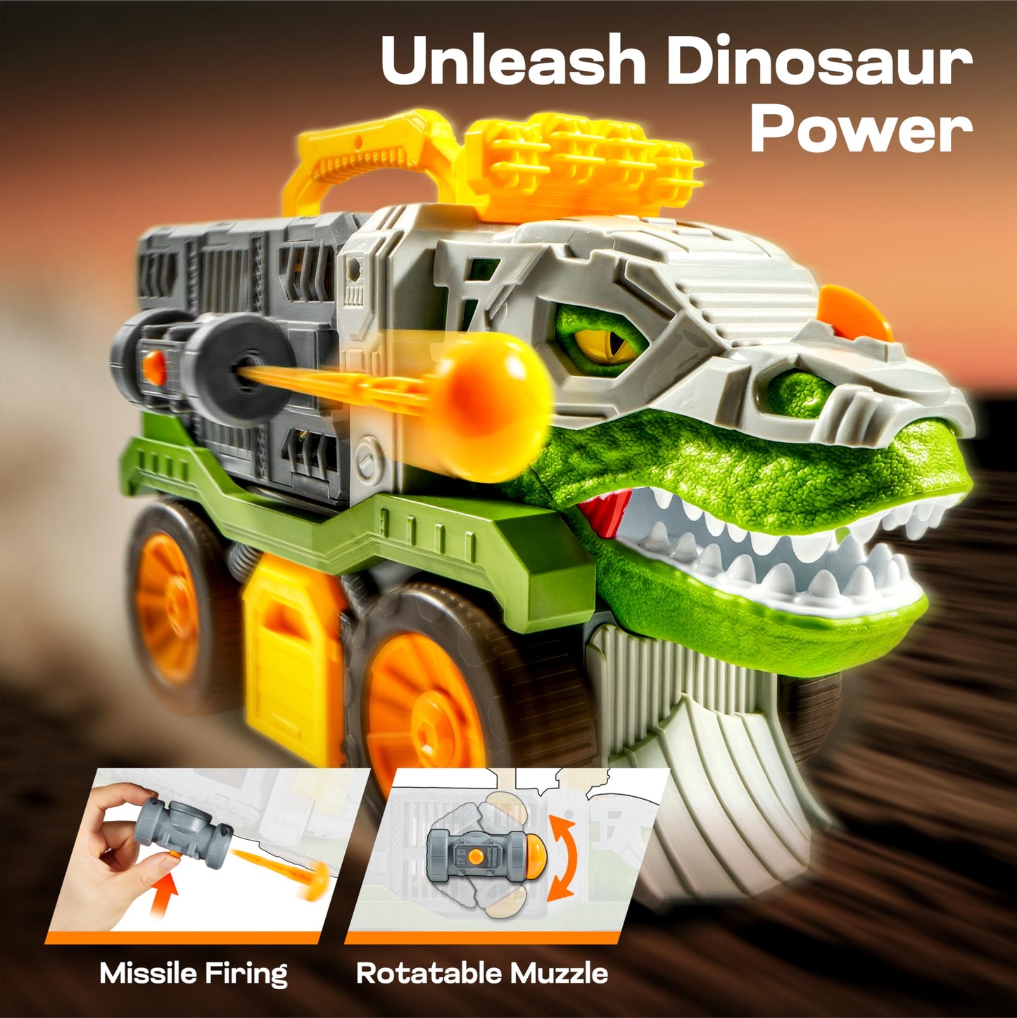 JOVA Vroomix Dinosaur Toys for Kids 3-5, Dinosaur Carrier Truck with 2 Pcs Cars and 6 Pcs Figures for Toddlers, T.Rex Truck with Launcher and Darts, Birthday Gifts Toys for 3 4 5+ Year Old Boy