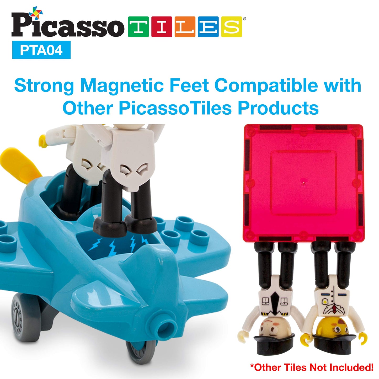 PicassoTiles Magnetic Figures 4 Piece Aircraft and Action Figure Magnet Airplane and Helicopter Expansion Pack Toddler Toy Set Educational Learning Kit Pretend Playset for Construction Building Block