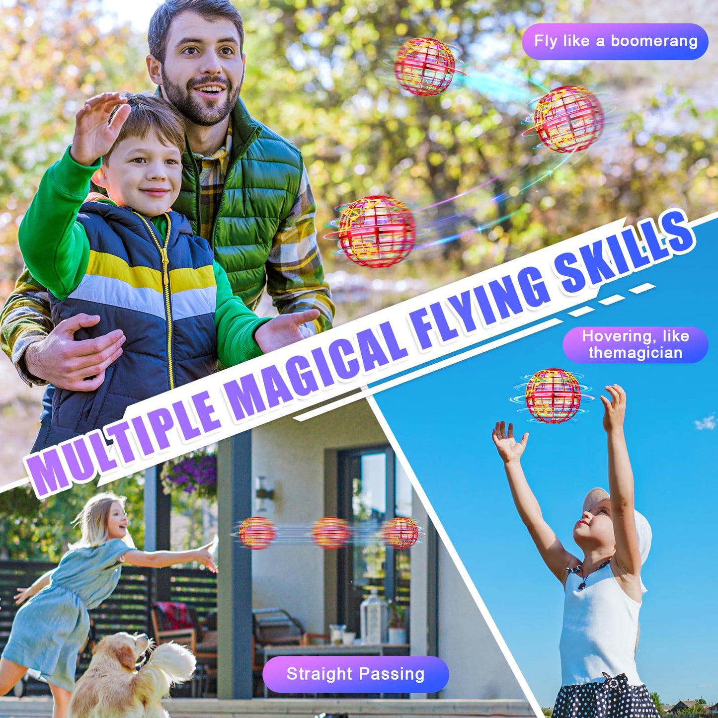 RIEYON Flying orb Ball 2025 Hover Boomerang Ball 6 Lighting Effects Cool Toys Gift for 678910+ Year Kids Teen Adults Indoor Outdoor Flying Ball Toy