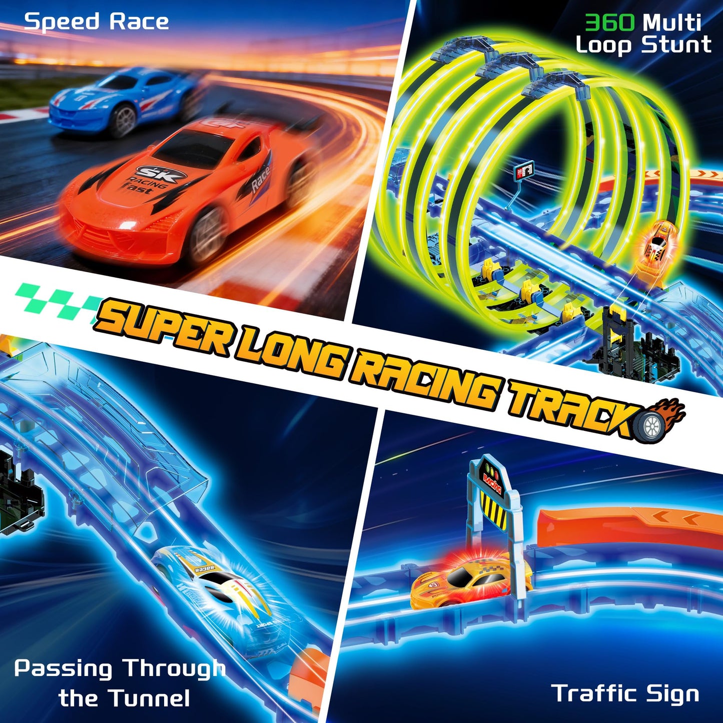 Glow Slot Car Race Track Set, 71 Pcs Glow-in-The-Dark Track Toy for Kids Ages 3-8, Electric Speed Car Light-Up Whole Tracks, 360° Magic Triple Loops, 1:64 Scale Pull-Back Cars, Toy Gift for Boys Girls