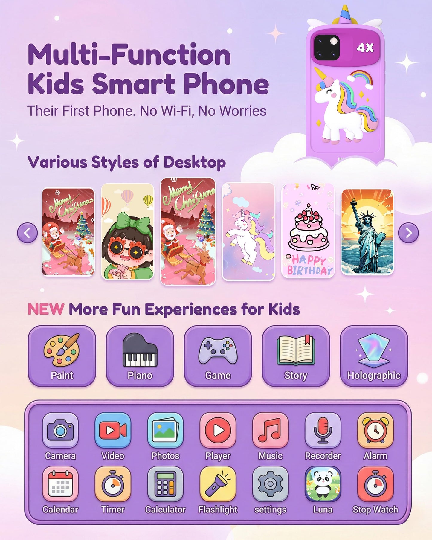 Kids Smart Phone with 32GB Card, 4.0" HD Touchscreen Toy Phone for Girls & Boys Age 3-12, Toddler Learning Play Cell Phone with Dual Camera, 28 Games, MP3 Player, 3D Hologram, Christmas Birthday Gift