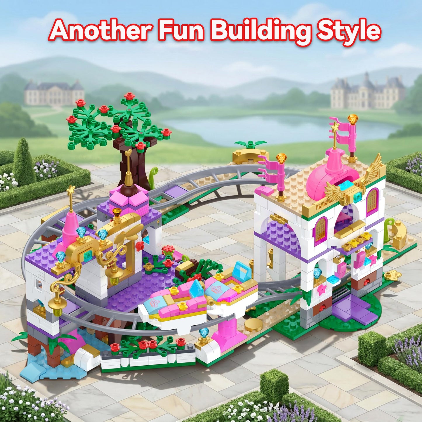 Leyic 2 in 1 Castle Roller Coaster Building Set, 749 Pcs STEM Amusement Park Construction Kit for Kids, Pink Playground Blocks Birthday Gift Toys for Girls Ages 6 8-12