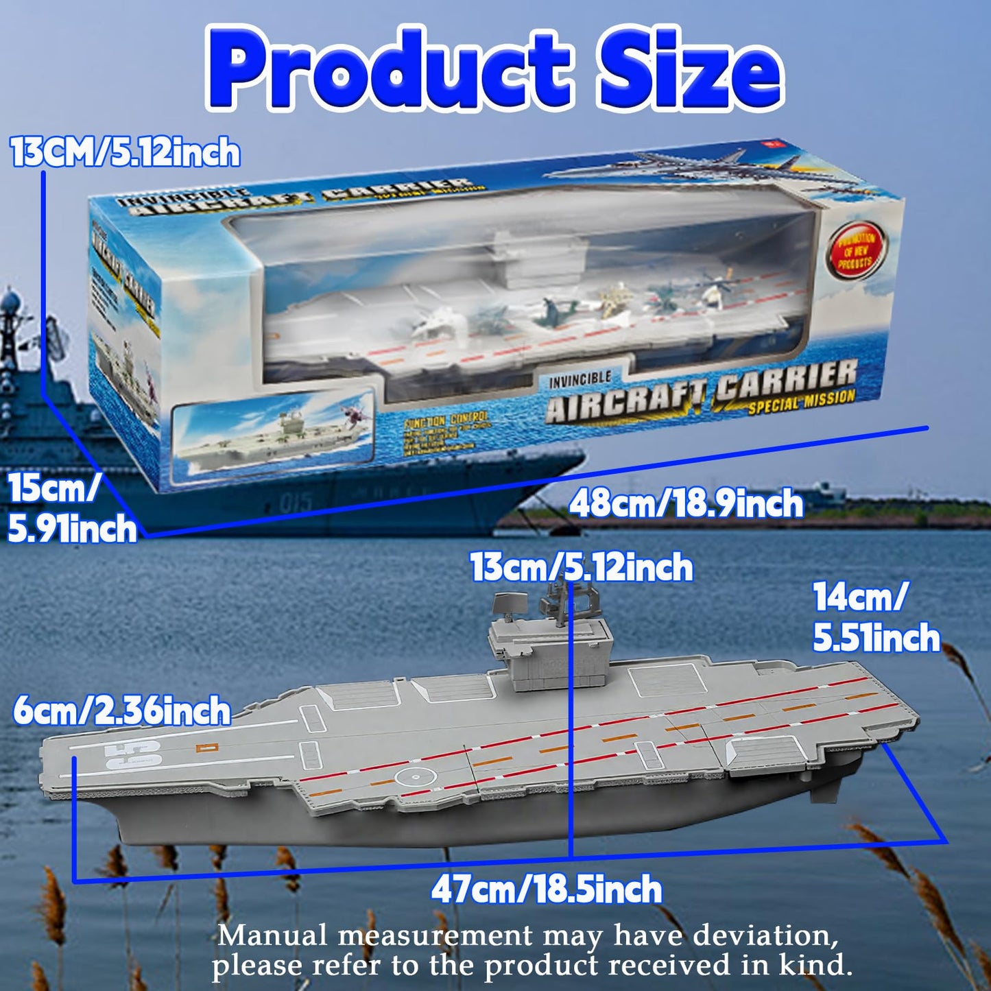 OTONOPI 18.5 Inch Aircraft Carrier Battleship Army Toys with 6 Warships Fighter Jets Warplanes Helicopter, Military Aircraft Carrier Model Ships for Kids Boys Girls
