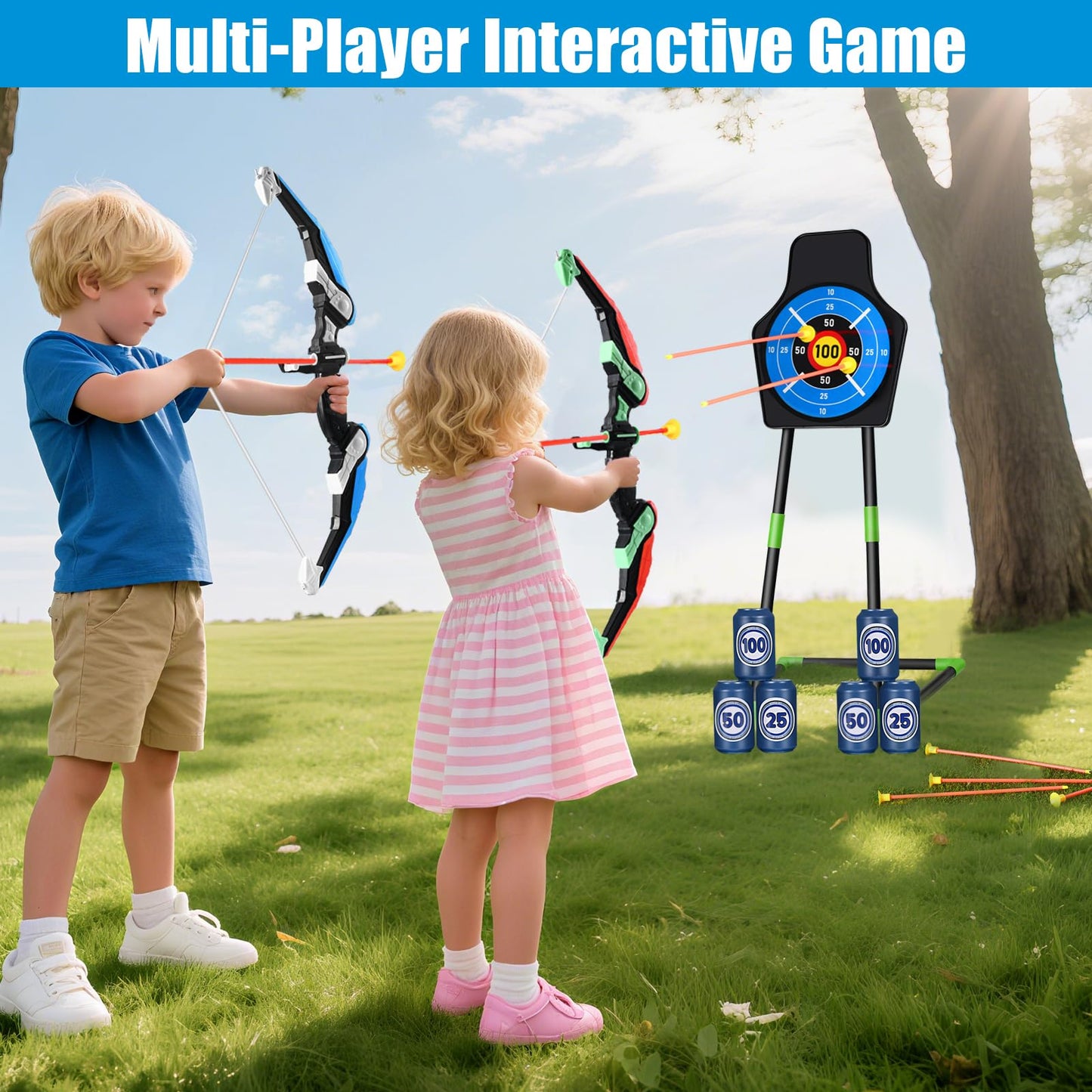 Bow and Arrow for Kids : LED Light Up Archery Set with 24 Suction Cup Arrows, 1 Standing Target, 6 Score Targets & 2 Quiver | Indoor Outdoor Sport Gifts for Boys Girls Ages 4 5 6 7 8 9 10 | 2 Pack