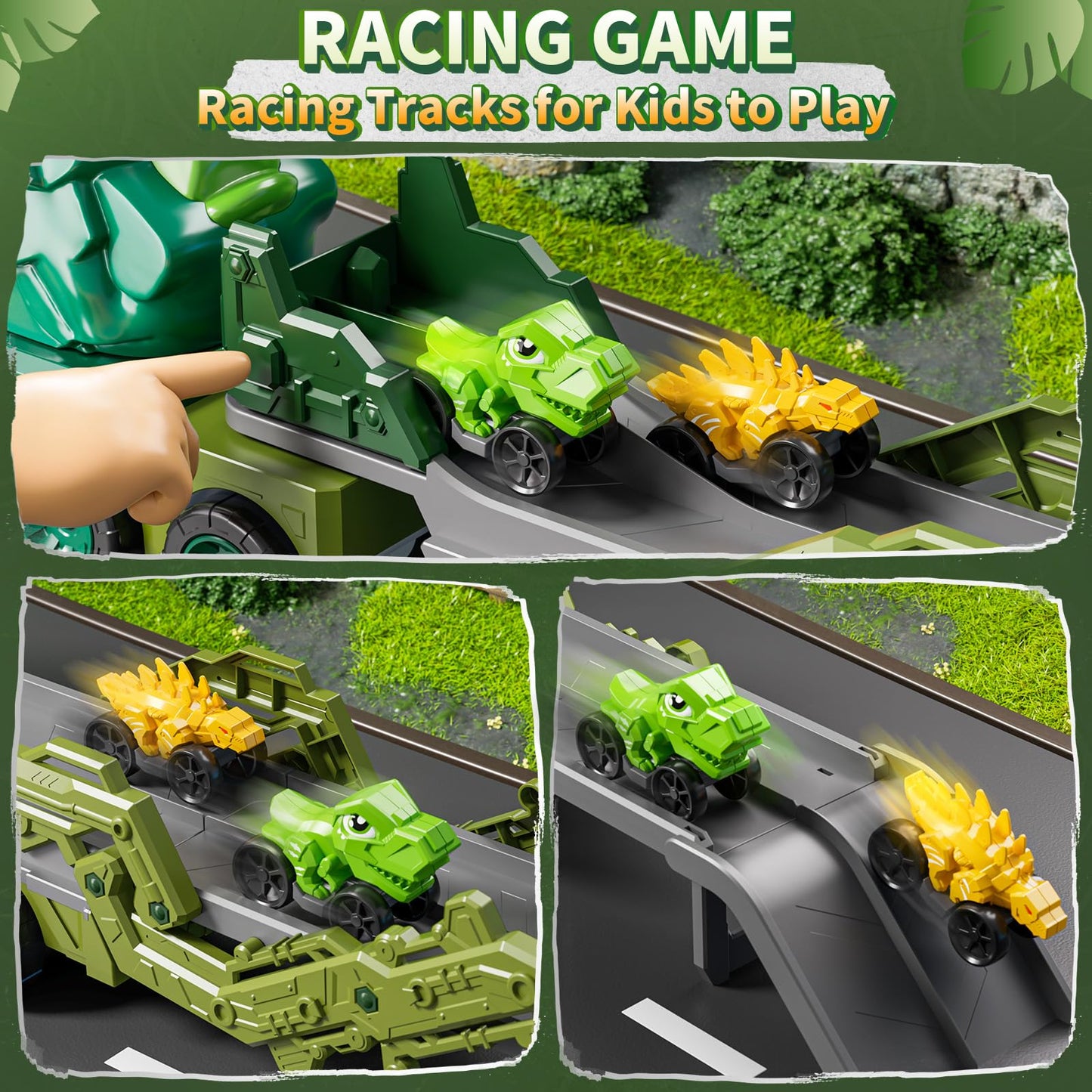 DULONIME 10 in 1 Dinosaur Truck Toys for Kids Aged 3-5 4-8 with Foldable Race Track, Carrier Truck with 9 Dinosaur Toy Car for Boys, Spraying, Light and Sound, Birthday Gifts for Girls Toddlers 5-7