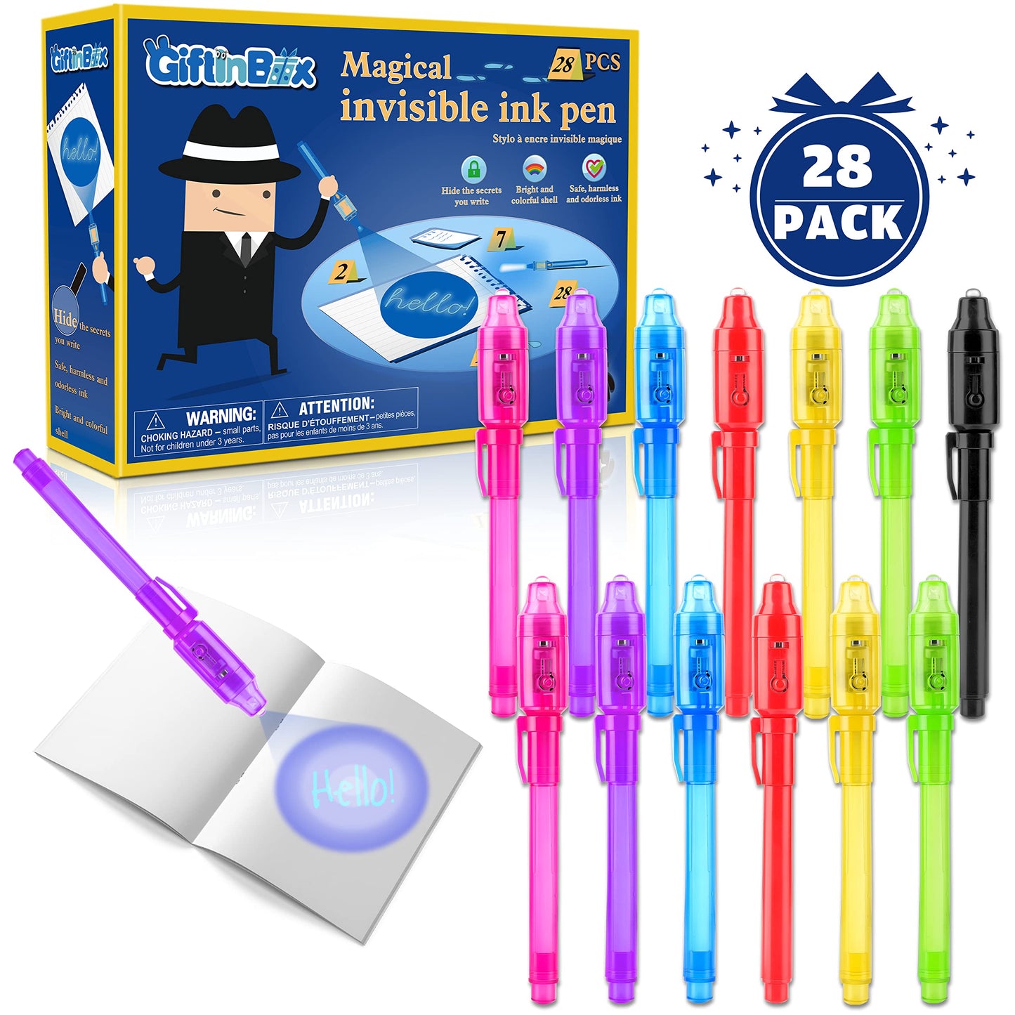 GIFTINBOX Invisible Ink Pen, 28PCS Spy Pen with UV Light for Kids, Birthday Party Favors for Kids 4-8 8-12, Classroom Prize for Students Magic Marker for Secret Message