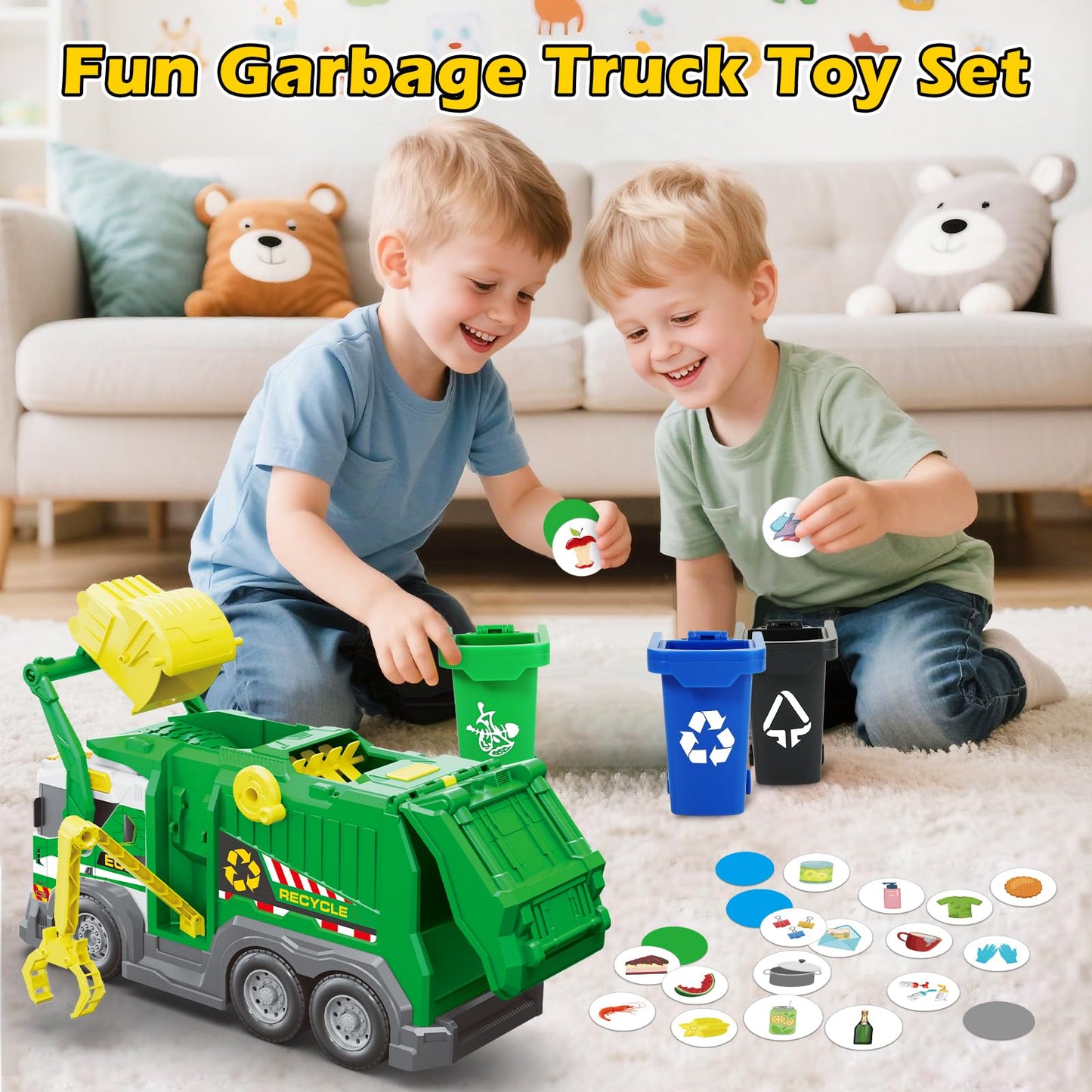 AuroTops Garbage Truck Toys for Kids 3 4 5 6 7 8 Years Old Boys Toy Trucks Set with Sound and Light,Toddlers Birthday Gifts for Boys & Girls Learning Toys,Includes 3 Trash Bins