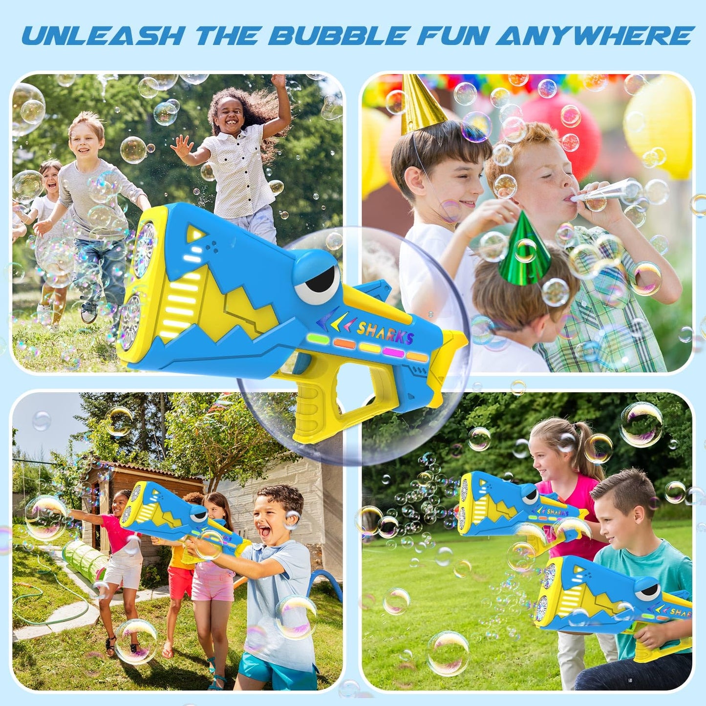Britik Bubble Gun for Kids Ages 4-8: Shark Light Up Bubble Machine for Toddlers, Rechargeable, 2 Bubble Solution, Outdoor Toy Party Birthday Gift for 3 4 5 6 7 8 Year Old