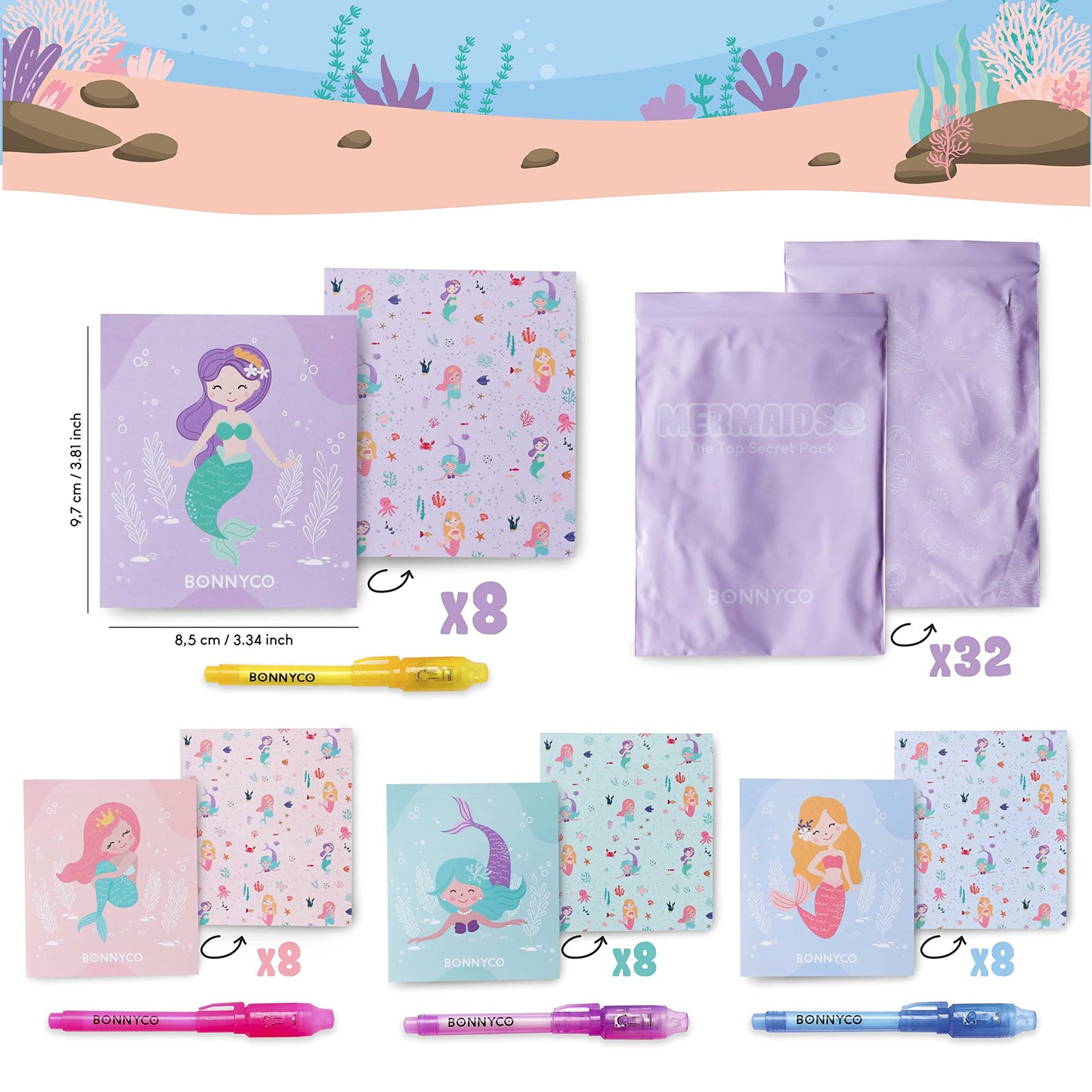 BONNYCO Invisible Ink Pen and Notebook Pack of 32 Mermaid Party Favors for Kids | Spy Pen Mermaid Party Supplies, Prizes for Kids | Magic Pen Birthday Party Favors, Prizes for Students
