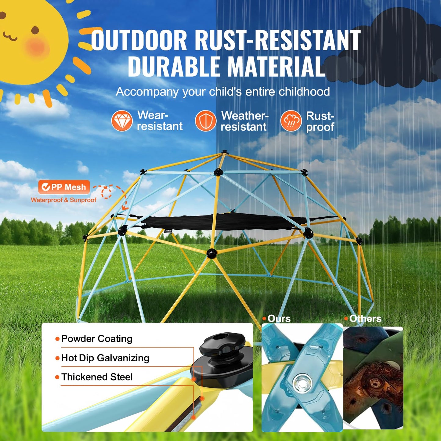 VEVOR Climbing Dome, 10FT Geometric Dome Climber with Hammock and Swing, Jungle Gym Supports 750LBS and Easy Assembly for Kids 3 to 10 Years Old, with Climbing Grip, Outdoor Backyard Play Equipment