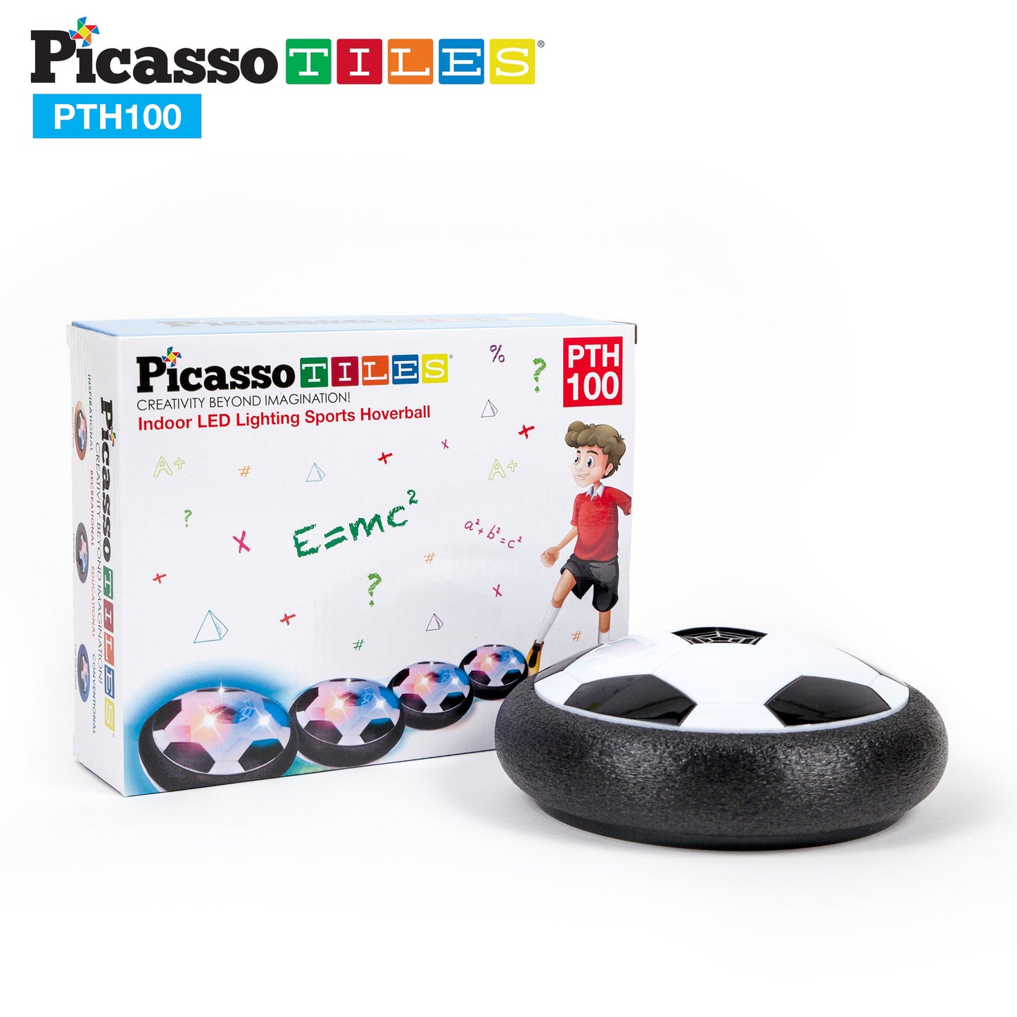 PicassoTiles Hoverball Air Hockey Soccer Floating Disc with LED Light Airlift Power Soft Bumper Indoor Gliding Toy Battery Operated Movement Training Game for Physical Activity Kids Age 3 Plus PTH100