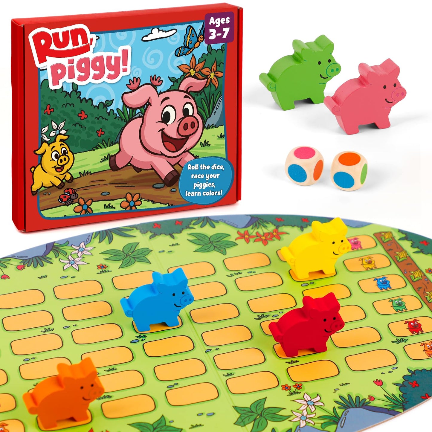 SkilLify Run Piggy Cooperative Board Game, Adorable Family Dice Game for Kids Ages 3-7, Color Matching Board Game, Preschool Learning Toy, 2-6 Players