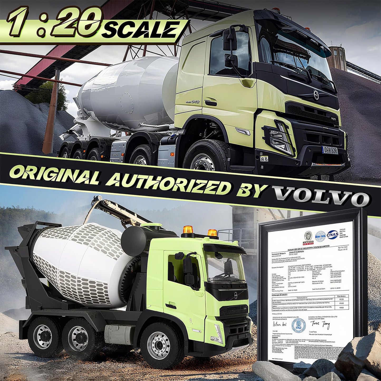 Double E Volvo FMX 1:20 RC Cement Mixer Truck - 360° Rotating Drum + 7 Realistic Sounds & LED Lights, 2.4GHz Anti-Interference for Multi-Vehicle Play - Construction Toy Adults