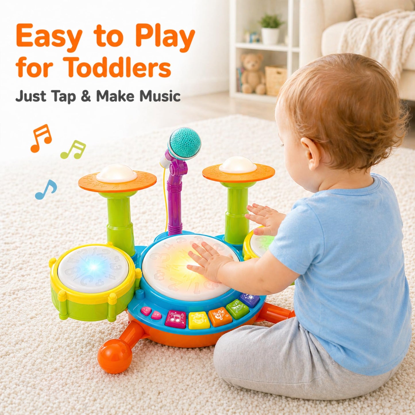 Toddler Drum Set for Toddlers 1-3, Baby Drum Set with Microphone & Lights, Kids Musical Instrument Toy for 1 2 3 Year Old Boys Girls, Birthday Gift, Toddler Music Toy