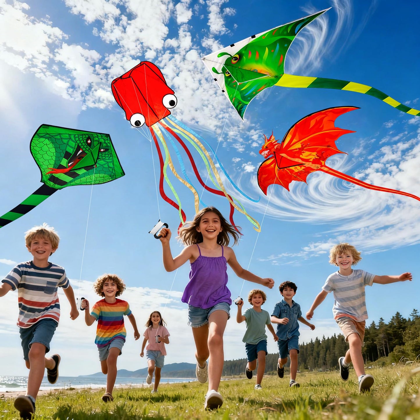 4 Pack Kites - Large Fire Dragon Kite Green Snake Devil Fish Red Mollusc Octopus with Long Colorful Tail for Kids Adults Beach Toy Gifts Outdoor Game Activities