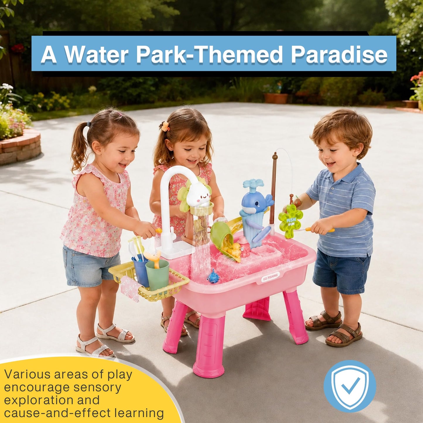 MeXYZ 2026 Upgraded Water Table for Toddler 3+, Kids Mini Play Sink Toys with Running Water & Electric Pump, Kitchen Sink Sensory Toy, Fishing Game Outdoor Water Play Table for Kids Ages 4-8, Pink