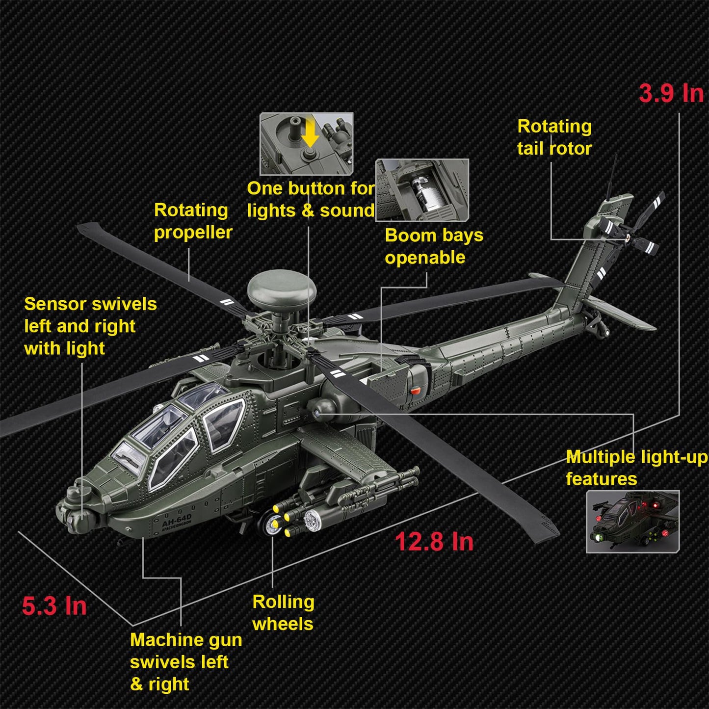 AH-64 Apache Attack Helicopter Diecast Model Airplane Toy, 1:46 Plane Military Fighter Jet Toy, Light and Sound for Kids 3+ (Gray)