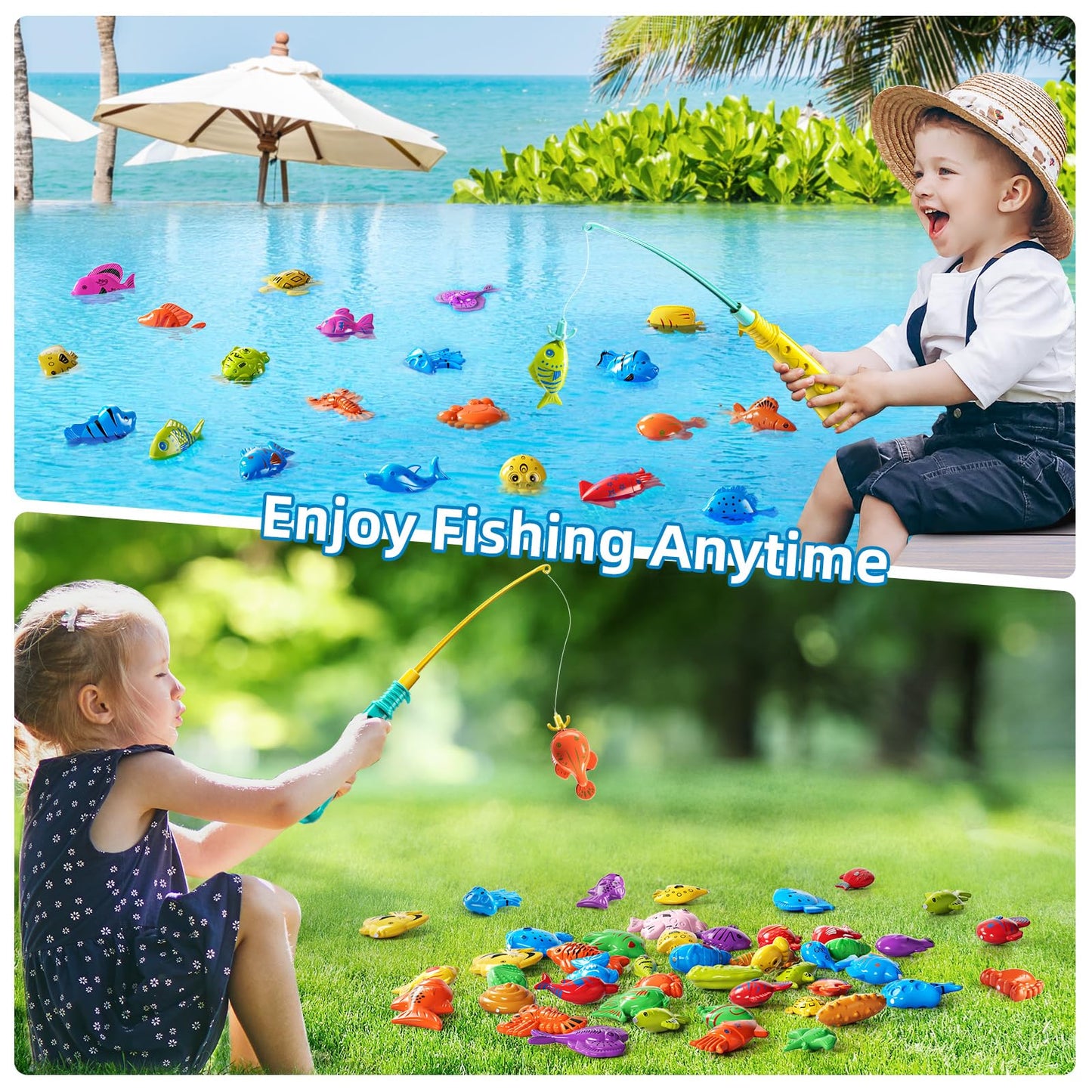 JUKUDAHU Magnet Fishing Game for Kids 3 4 5 6 7 8 Years Old - Pool Bath Toys for Toddlers, Pole Rod Net, Floating Fish Toys, Outdoor Party Toys for Boys Girls Kids Age 3-8 8-12 Year Old