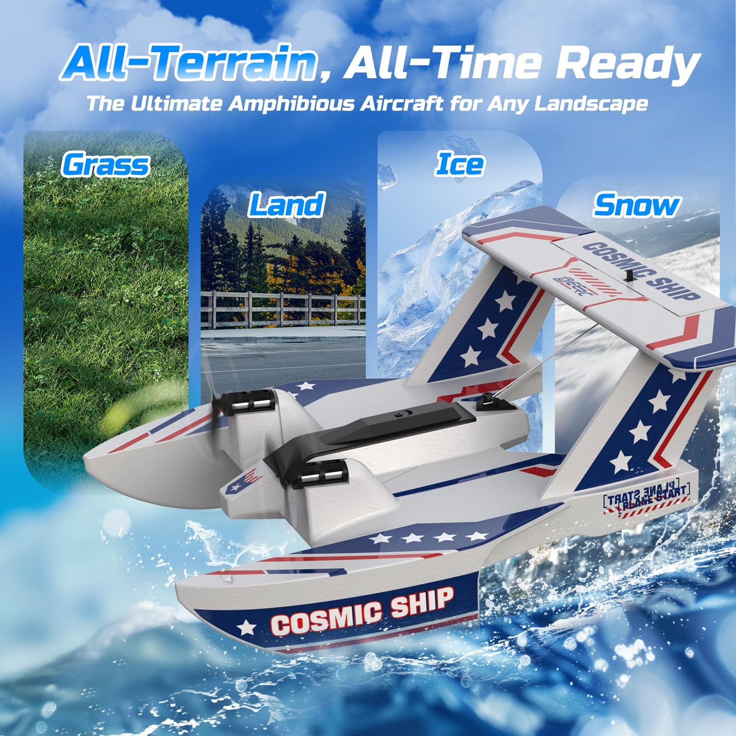 DEERC 3CH Amphibious RC Plane for Water, Land & Air, Remote Control Airplane Flying Boat Toys,2.4GHz 6-axis Gyro Stabilizer RTF Glider Aircraft Jet for Kids Adults Beginners Boys