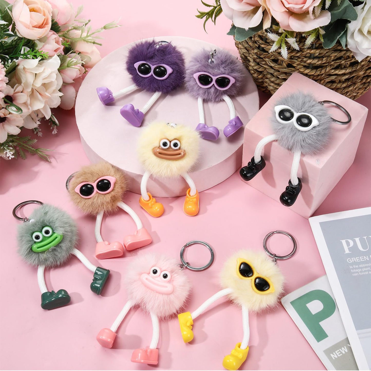Equsion 48 Pcs Kawaii Keychains Bulk Cute Plush Keychains Fluffy Pompoms Balls with Tassels and Keyrings Key Chain Kawaii Party Favors for Birthday Goodie Bags Piñata Prizes(Cute)