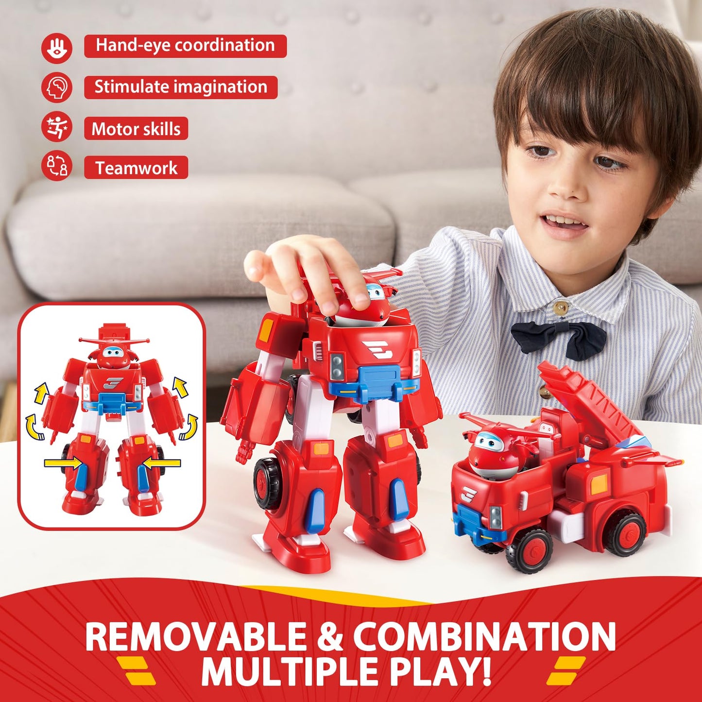 Super Wings Transformable Toys, 7" Jett Robot Suit and 2” Scale Transforming Jett Mini Action Figure,2-in-1 Mode Vehicle and Robot, Vehicle Playset for Kids 3+,Gifts for Boys and Girls,Red