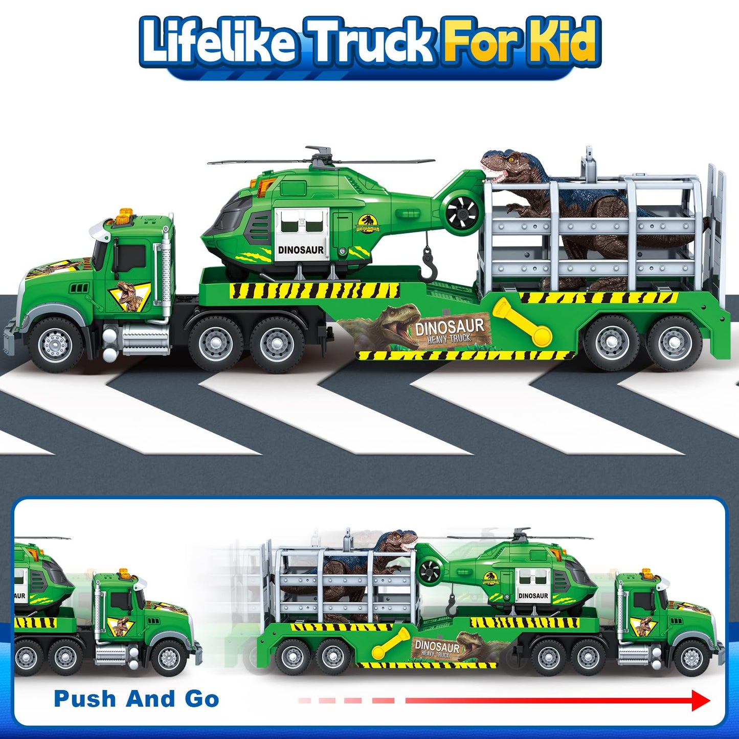 SpringFlower Carrier Dino Truck Kids Toys, 24“ Semi Truck Toy with Helicopter & Dino Toy with Lights, Sounds, Vehicle Toy for Toddlers 3 4 5 6 7, Birthday Gifts for Kids