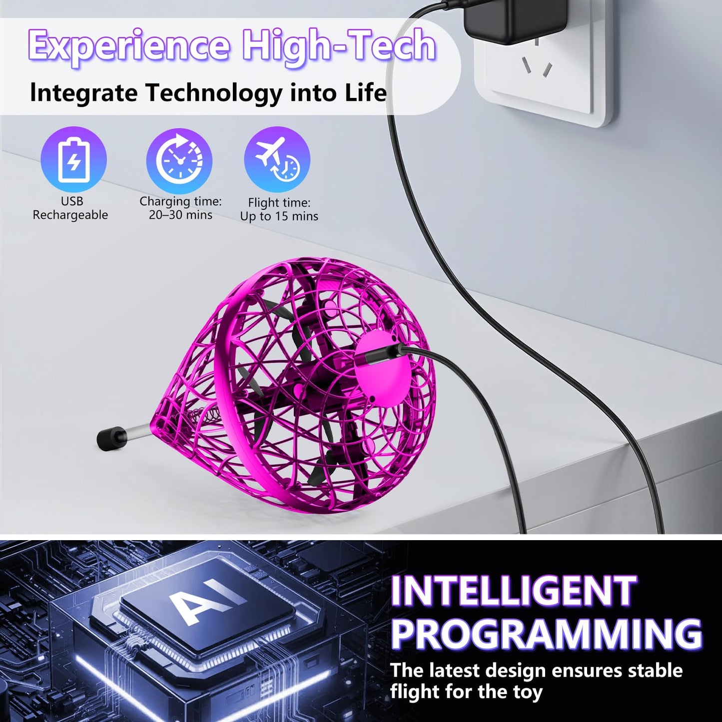 Tikduck 2026 Flying Bouncing Ball Toy - USB Rechargeable, Hand-Controlled with 3D Flips & Multi-Player Fun - Interactive Orb Toy for Kids, Teens & Adults - Indoor & Outdoor Play (Purple)