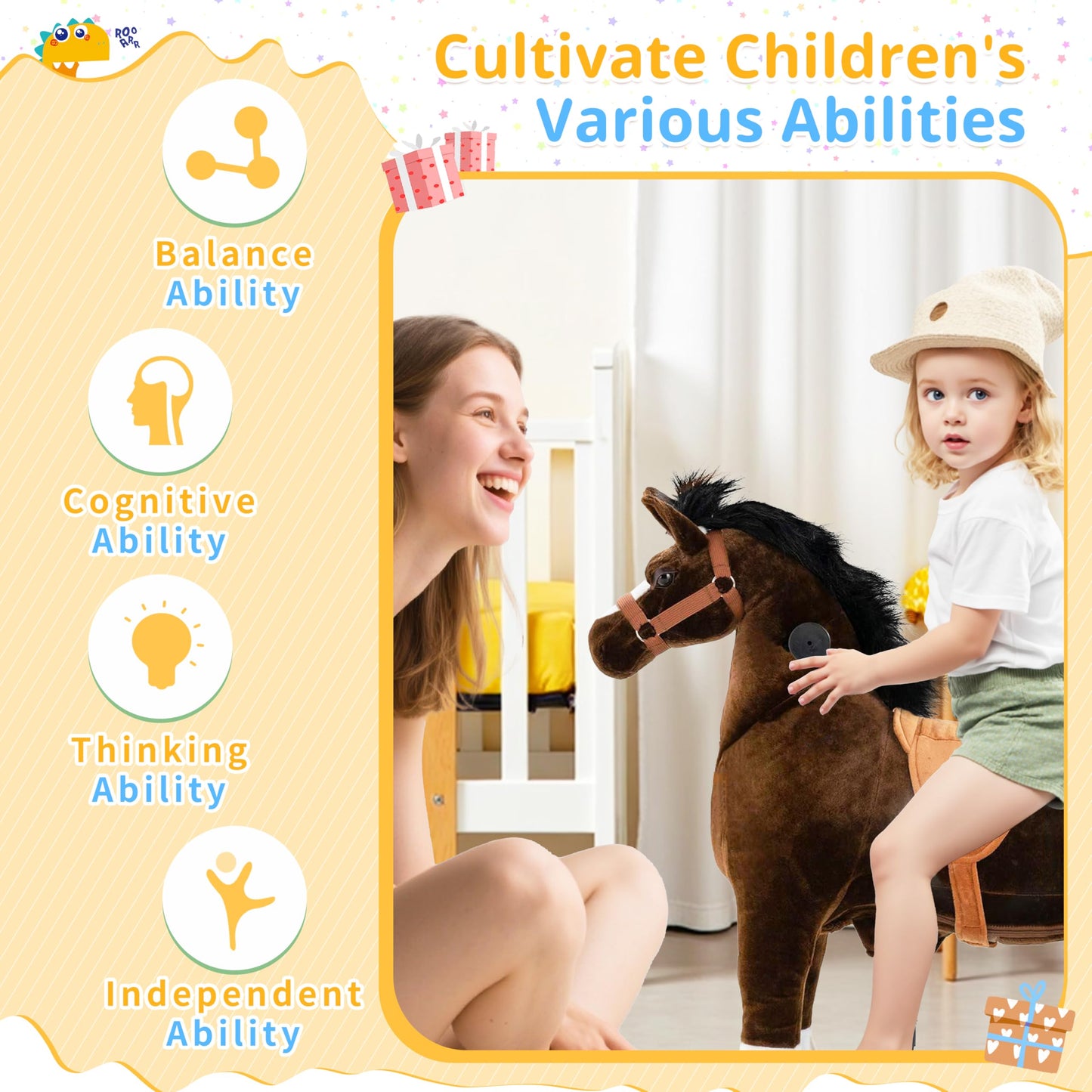 Ride on Horse for Big Kids, Horse Ride on Toy for 4 to 9 Years Old, (35.8'' Height) Riding Horse Rider Mechanical Walking Action Plush Animal, No Battery or Electricity, Max Load 165LBS - Brown