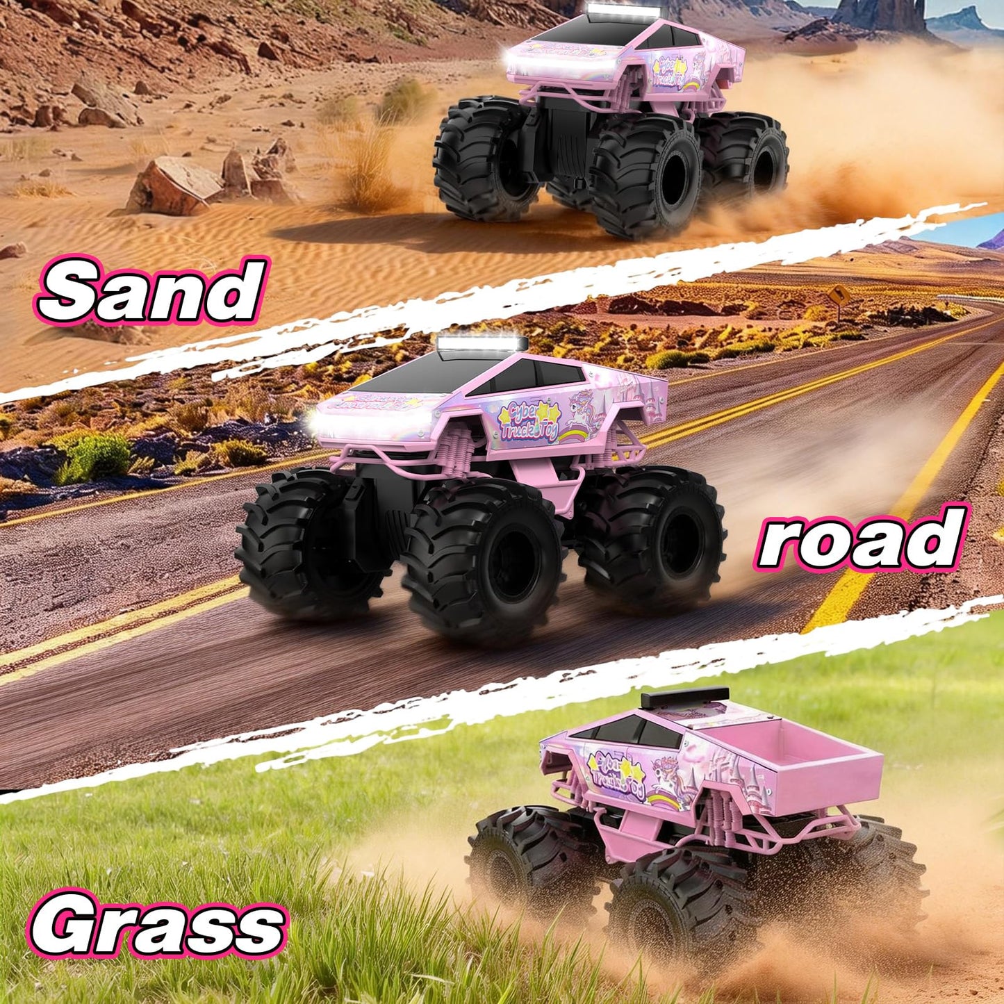 Cokzer Unicorn Cyber Truck Remote Control Car, 1:18 Girl Remote Control Car, 2.4 GHz Waterproof Amphibious RC Cars, 4WD All Terrain Off-Road Pickup for Girls Christmas Birthday Gifts Ages 6+ (Pink)