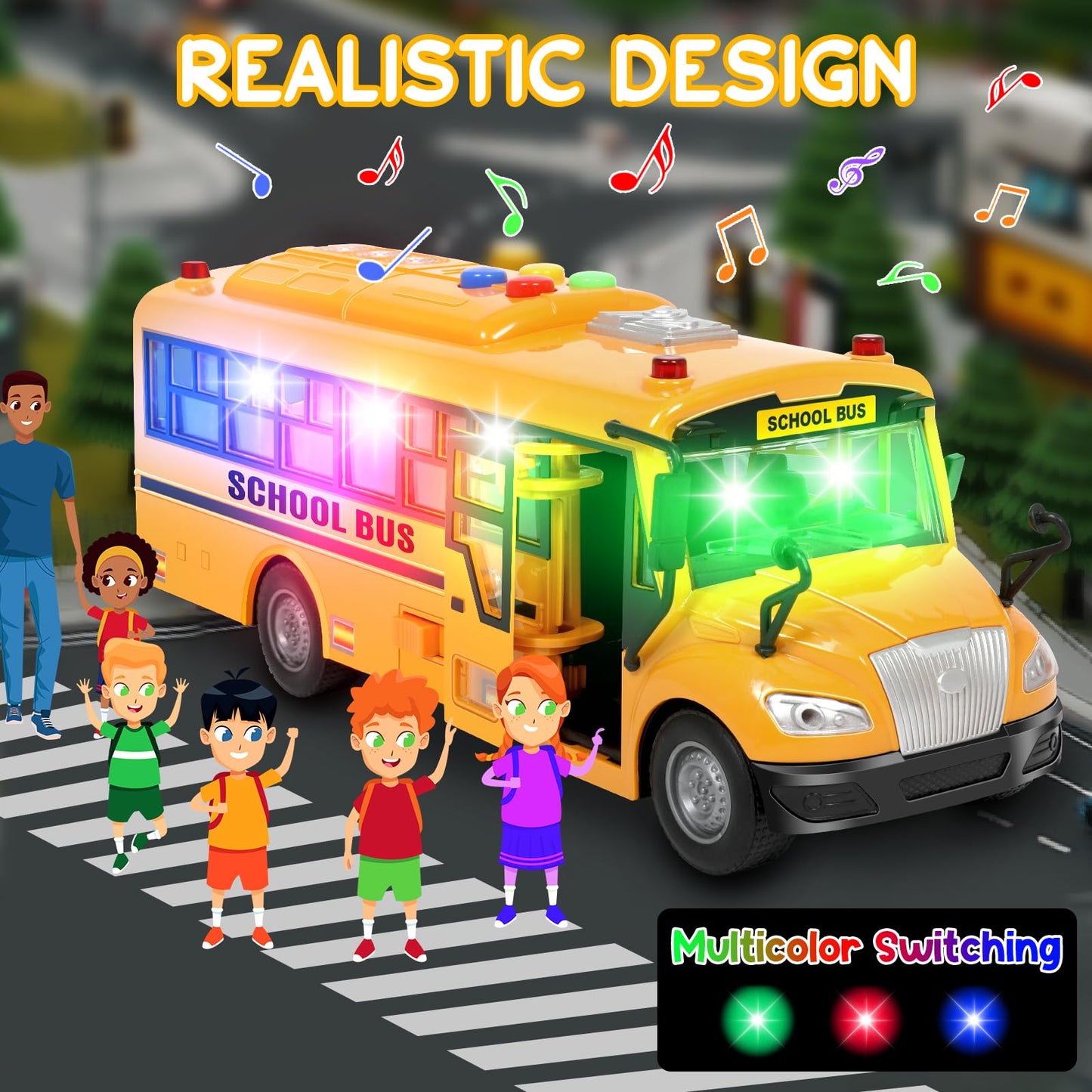 Yellow School Bus Toys for Toddlers With 4 Different Flashing Lights & Sound, Back And Side Doors Open Friction-Powered Wheels Light Up Toy Buses Birthday Gift 3 4 Year Old And Up Girl Boy Toys