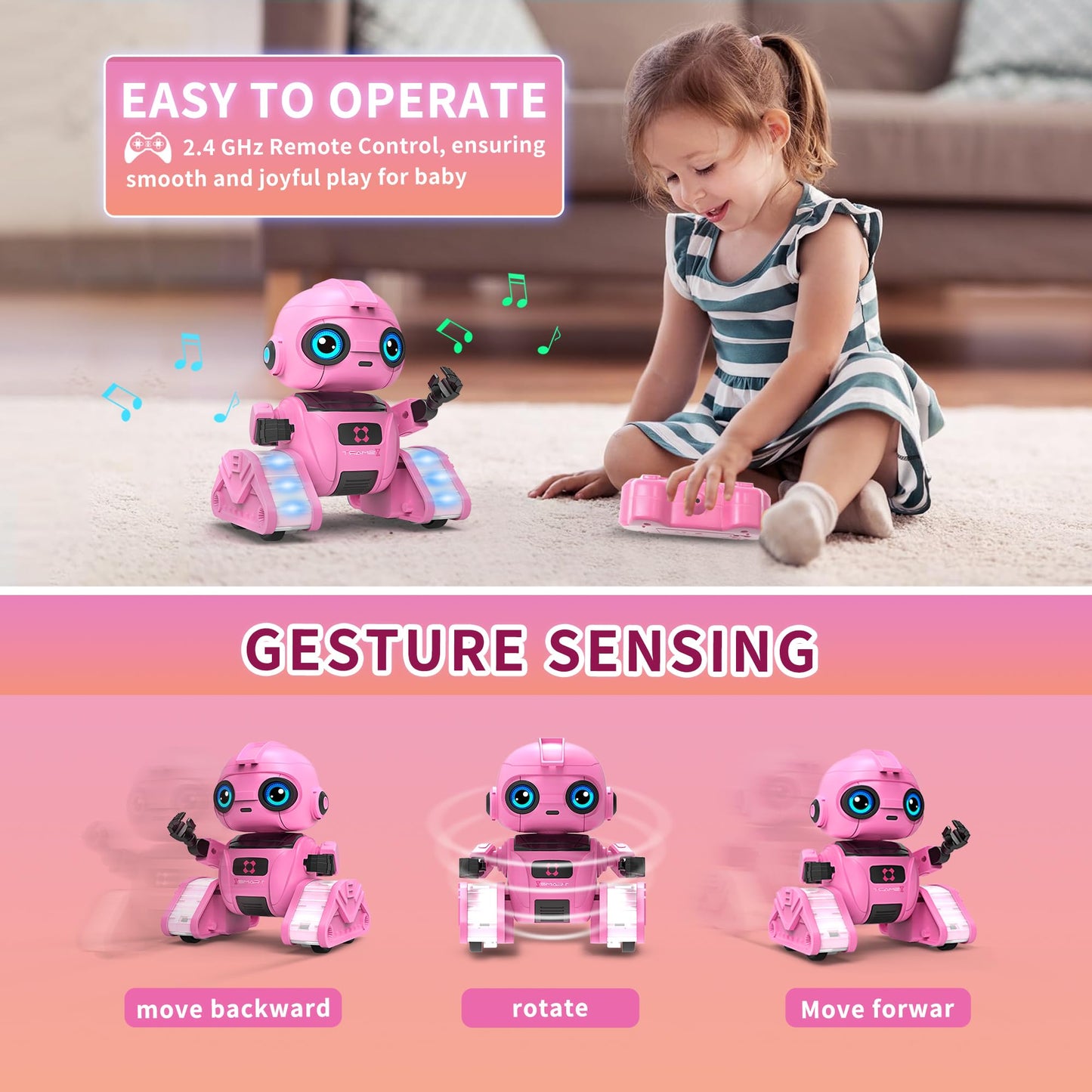 Robot Toys for Boys and Girls, Rechargeable Remote Control Robot with Auto-Demonstration, Light Projection, Dance Moves, Music, and Gesture Sensing –Toy Robot Gifts for 6+ year old Girls (Pink)