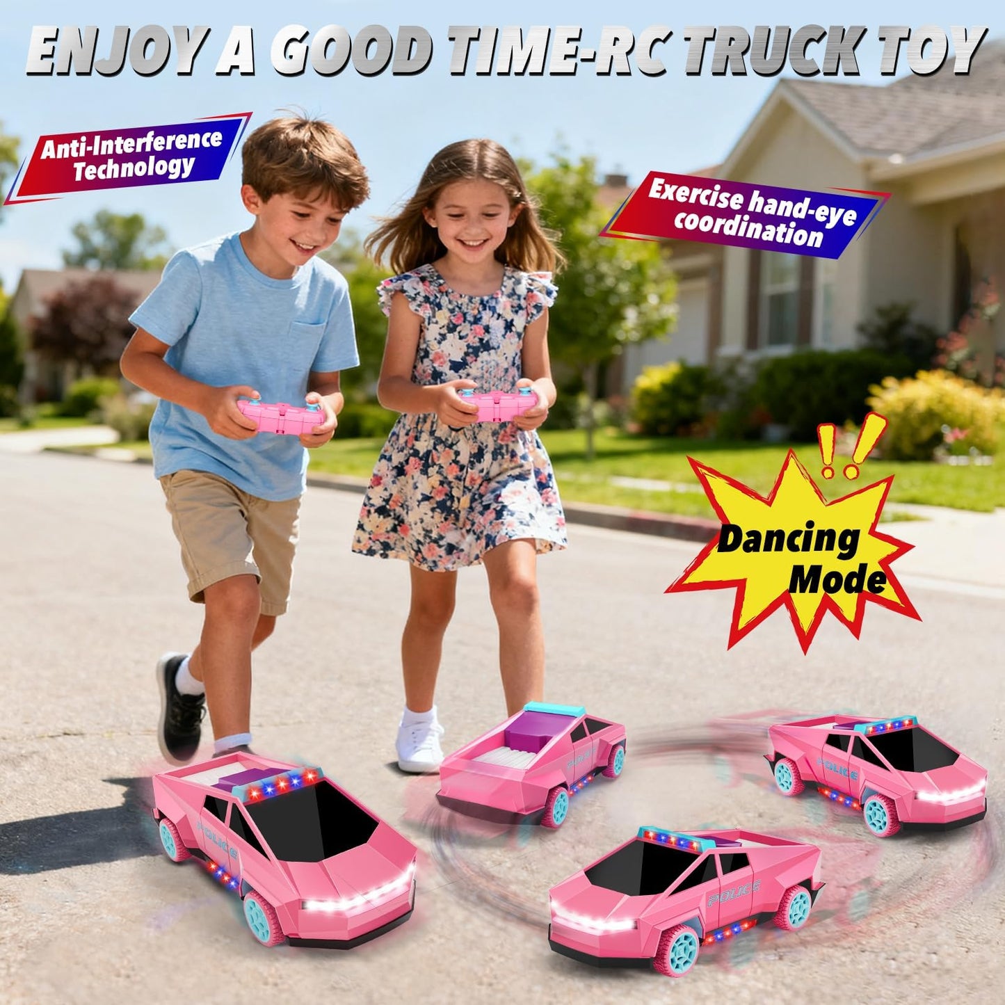 MACALOCA Cool Remote Control Car Toys for Girls, 1:20 Pink Police RC Truck with Flashing LED Lights and Loadspace, 2.4 GHz Rechargeable Racing RC Cars Vehicle Toys, Summer for Kids 3 5 7 10