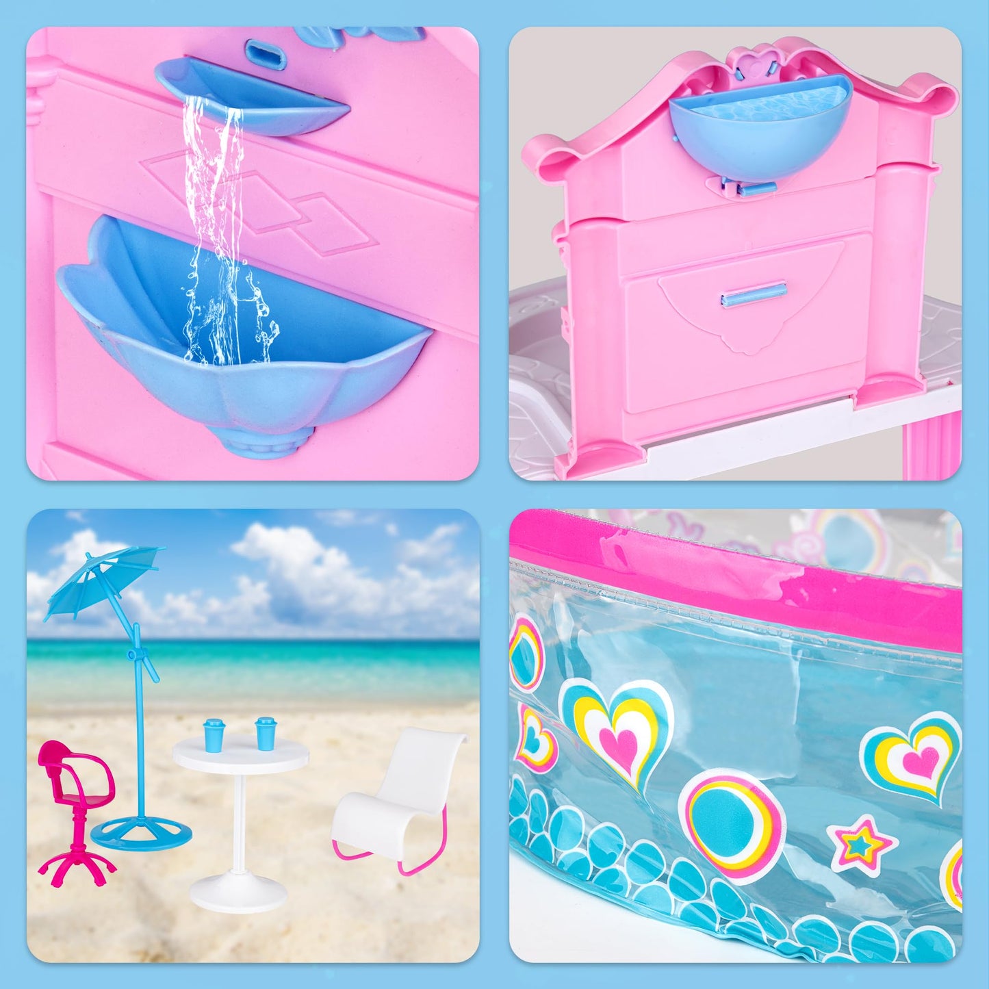 Glam Deluxe Doll Pool Playset with 7 Pcs Accessories, Fits 12 Inch Dolls, Kids Gifts for 3 to 8 Year Olds Girls, Bath Toys for Toddlers, Birthday & Xmas Gift for Girls & Kids Aged 3+