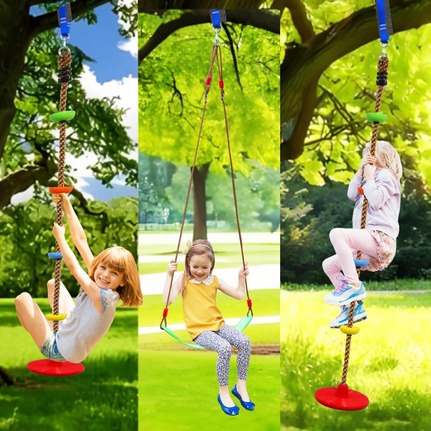 Tree Swing Climbing Rope 2 Pack Multicolor with Platforms Red Disc Swings Seat - Outdoor Playground Set Accessories Tree House Flying Saucer Outside Toys - Bonus Carabiner and 4 Feet Strap