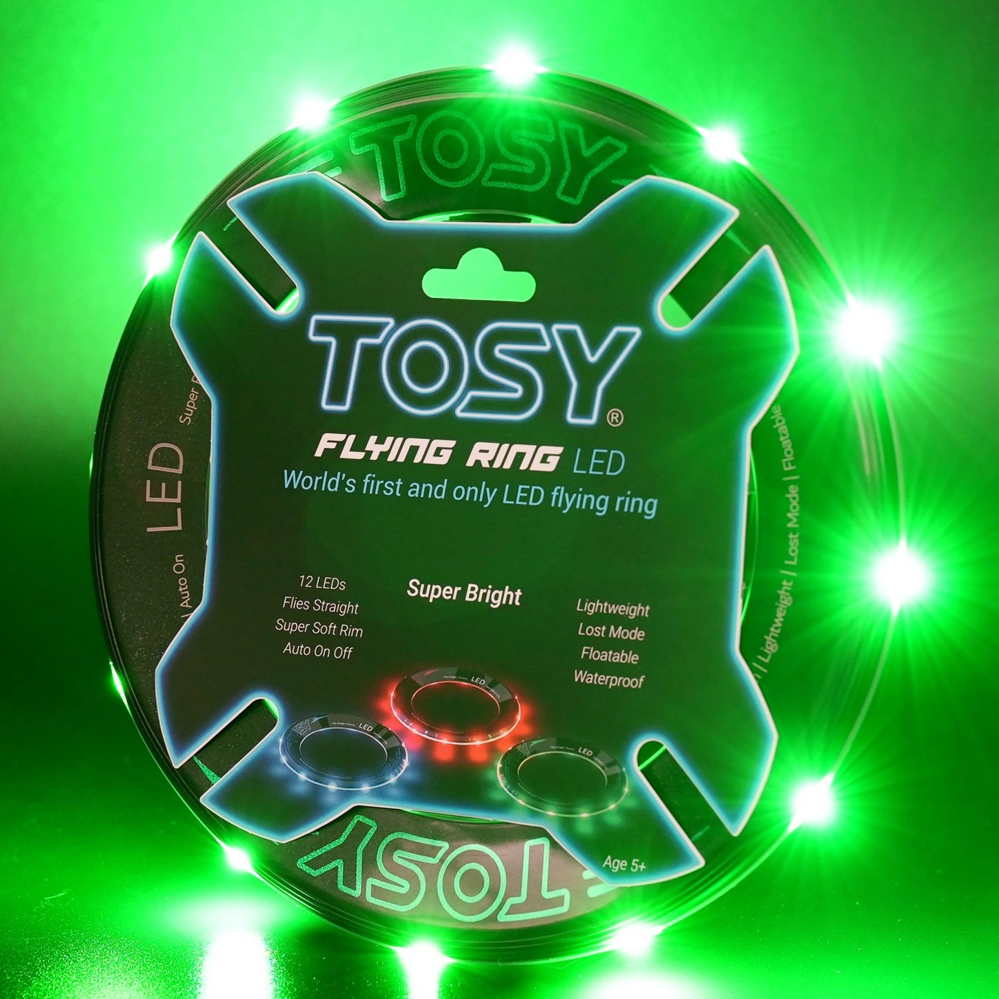 TOSY Flying Ring - 12 Monocolor LEDs, Super Bright, Lost Mode, Auto Light Up, Easter Basket Stuffers Gift for Kid/Teen/Boy/Girl, Safe, Waterproof, Pool/Beach/Camping Toy (Green)