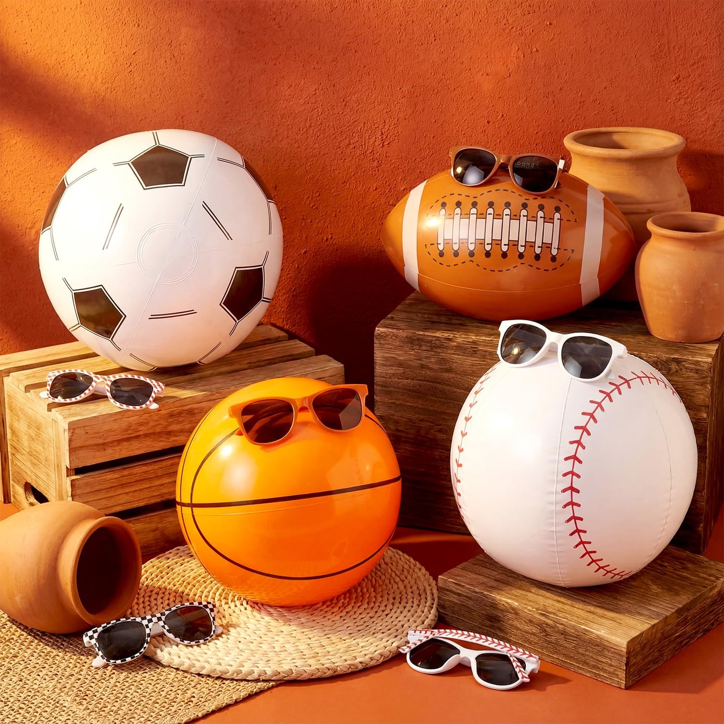 JolliLudo 48 Pcs Inflatable Sports Beach Balls wtih Glasses for Party Favors Variety Pack Basketball, Baseball, Football, Soccer Beach Balls Sports Themed Summer Pool Birthday Decorations