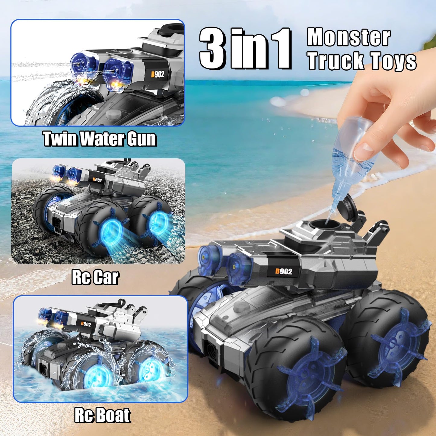 ZHYLLO 3-in-1 Remote Control Car RC Boat & Water Gun Amphibious Remote Control Car 4WD All-Terrain RC Cars Gesture Sensing Rc Stunt Car RC Trucks Toys Birthday Gifts for 8 9 10 11 12 Year Old Boys