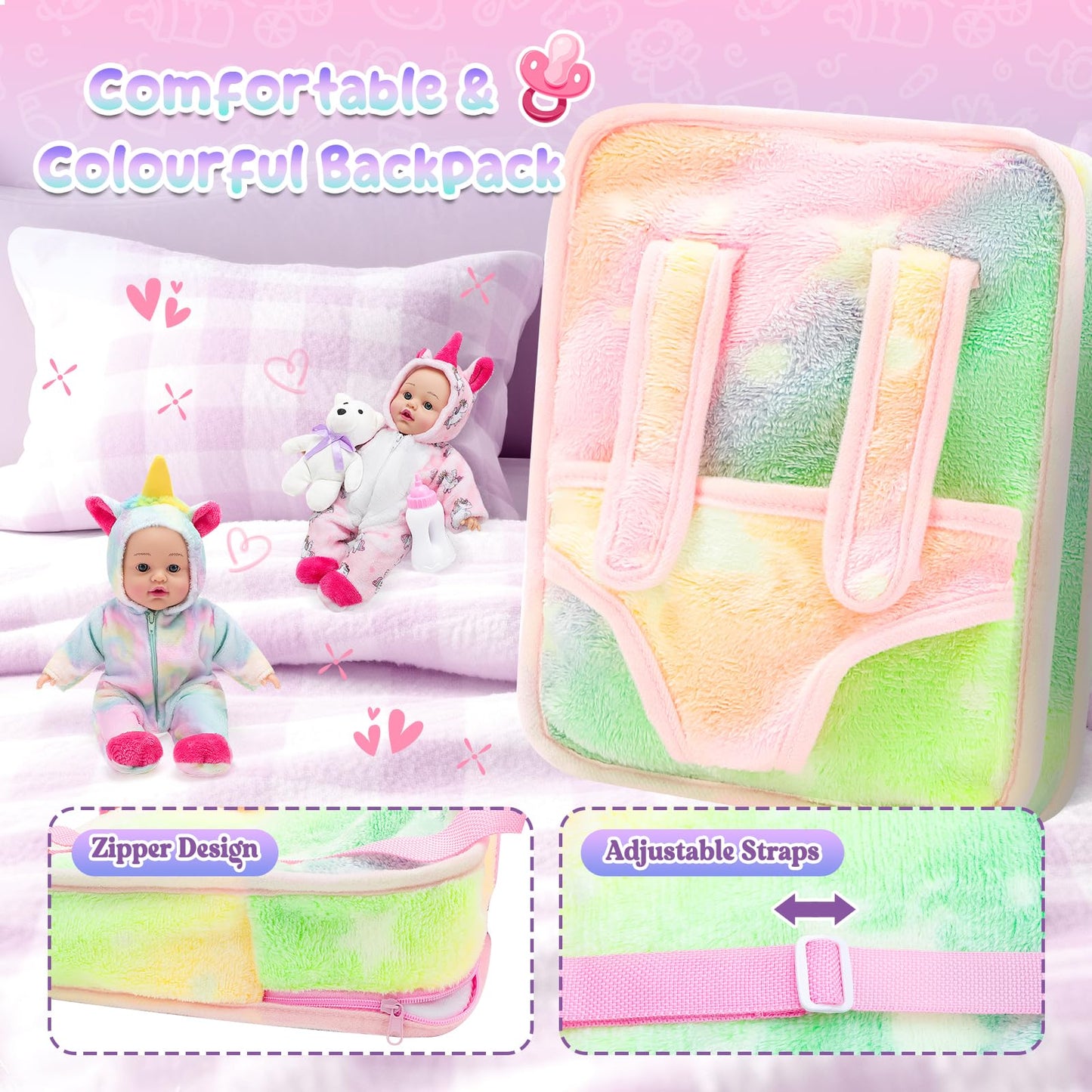 deAO 12 Inch Soft Baby Doll Backpack Glow in Dark Carrier Playset Toys Baby Care Toys Set with 12''Doll Clothes Bottle Accessories Birthday Gift for Toddlers Boys Girls