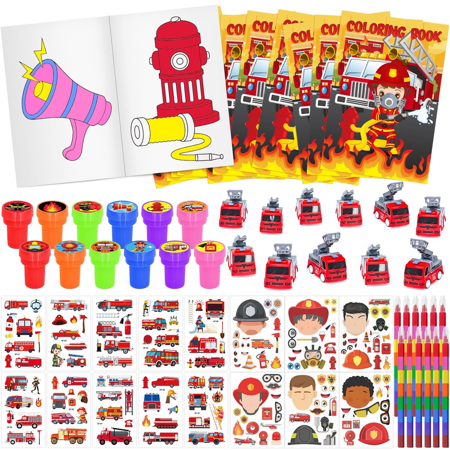 Cinrobiye 72 PCS Firefighter Coloring Books Party Favors Set Fireman Party Favors Goodie Bag Fillers Fire Truck Birthday Party Supplies DIY Stickers Tattoos Prizes Art Crafts for Home Classroom