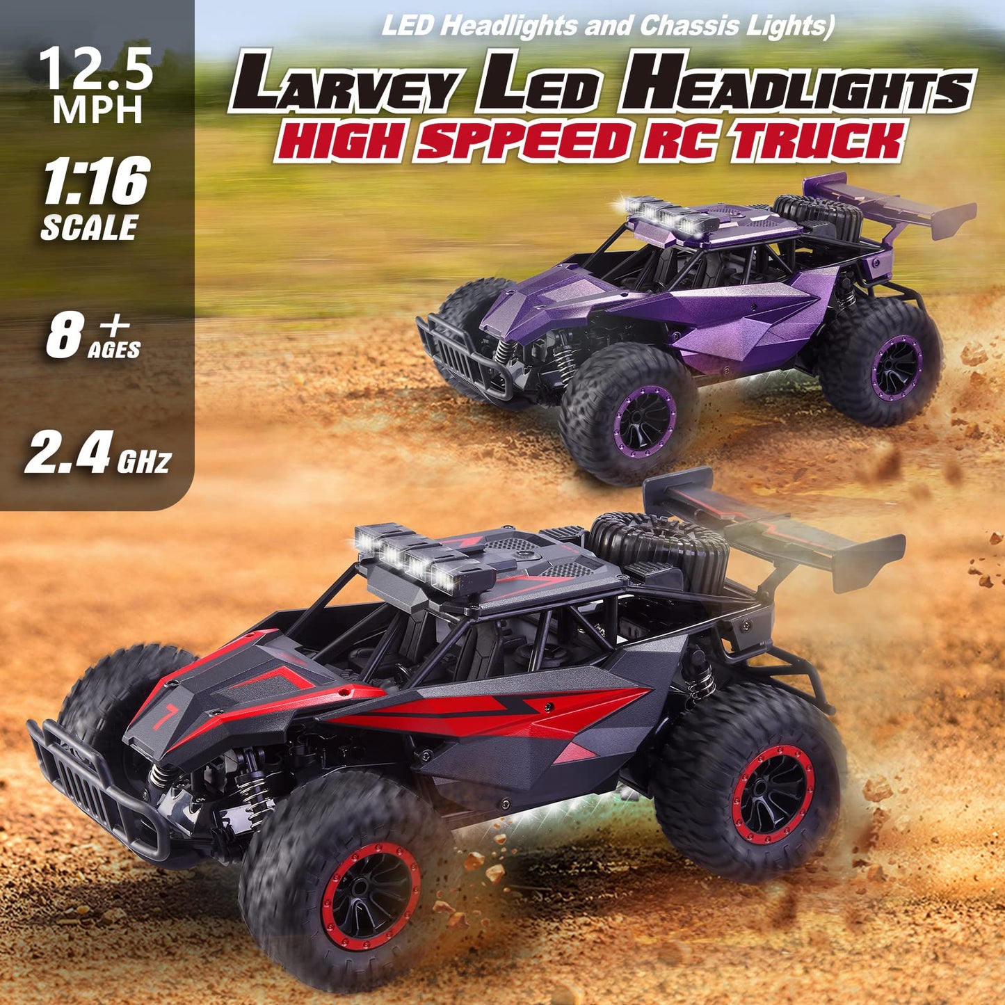 LARVEY 1:16 Scale Remote Control Car, 20 Km/h High Speed Remote Control Truck Off Road RC Monster Vehicle with LED Headlights and Chassis Lights, Electric Toy for Boys Kids and Adults