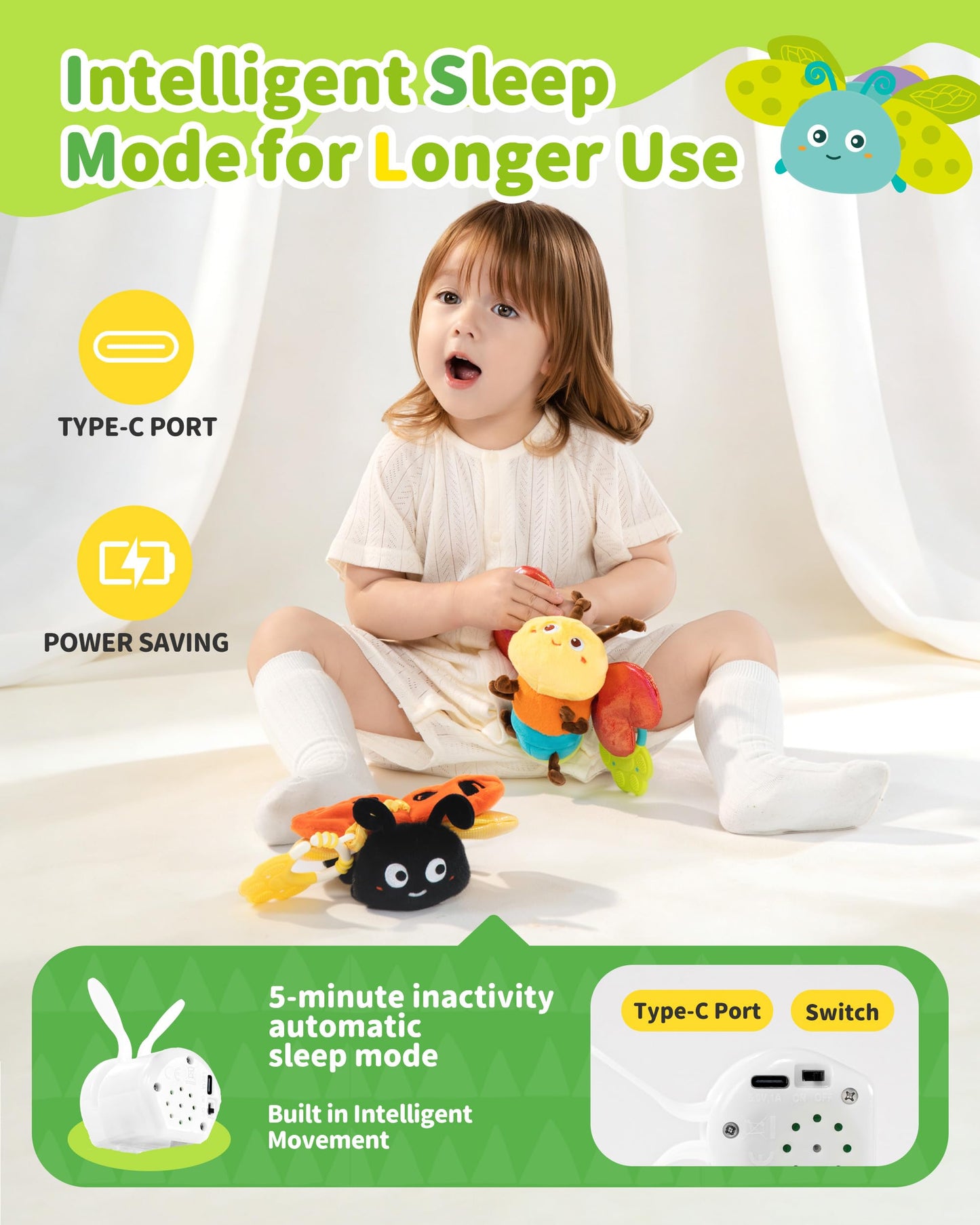 Jollybaby Musical Flying Dragonflies Toy - Car Seat, Stroller, Crib & Play Gym Hanging Toys for Baby 0-6-12-24 Months, Tummy Time Sensory Music Toy for Infant Boys and Girls Gifts