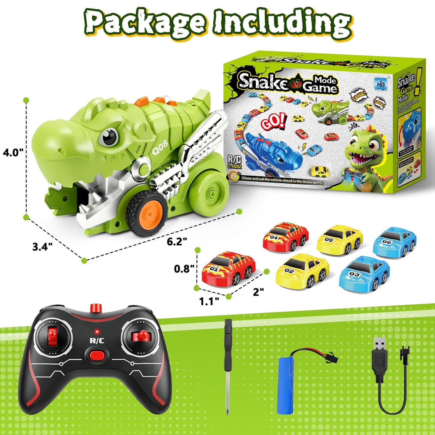 Intoypad Dinosaur Remote Control Car Toys for Kids, 2.4GHz RC Dino Eating Car Toy with 6 Magnetic Cars & Music Dino Truck Birthday Gifts Toys for 3 4 5 6 7 8 9 10 11 12 Year Old Boys Girls (Green)