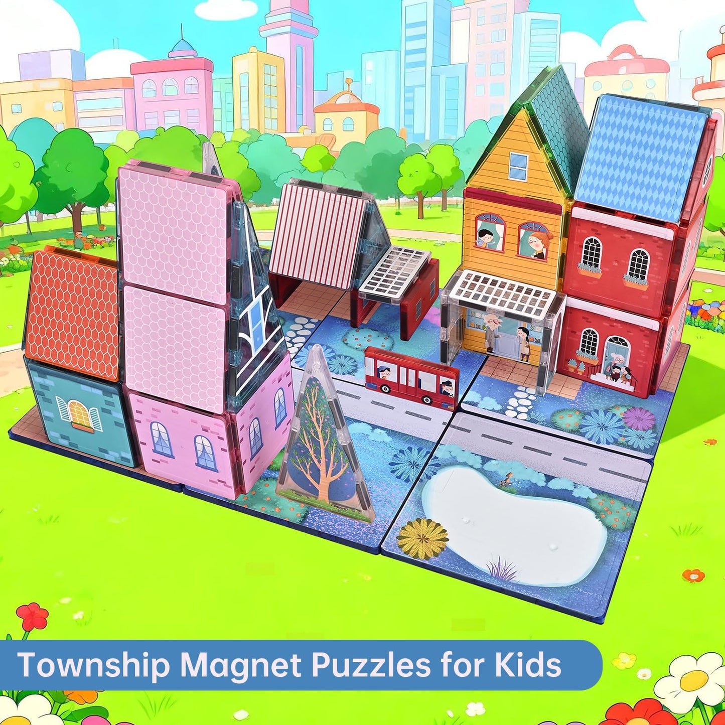 Magnetic Tiles Toy Set for Kids with 6 Large Square , Magnetic Blcok Fairytale Town Set, Magnetic Building Blocks with Road, Large Expansion STEM Building Magnet Toys for Ages 3-5 4-8 5-7 Boys Girls