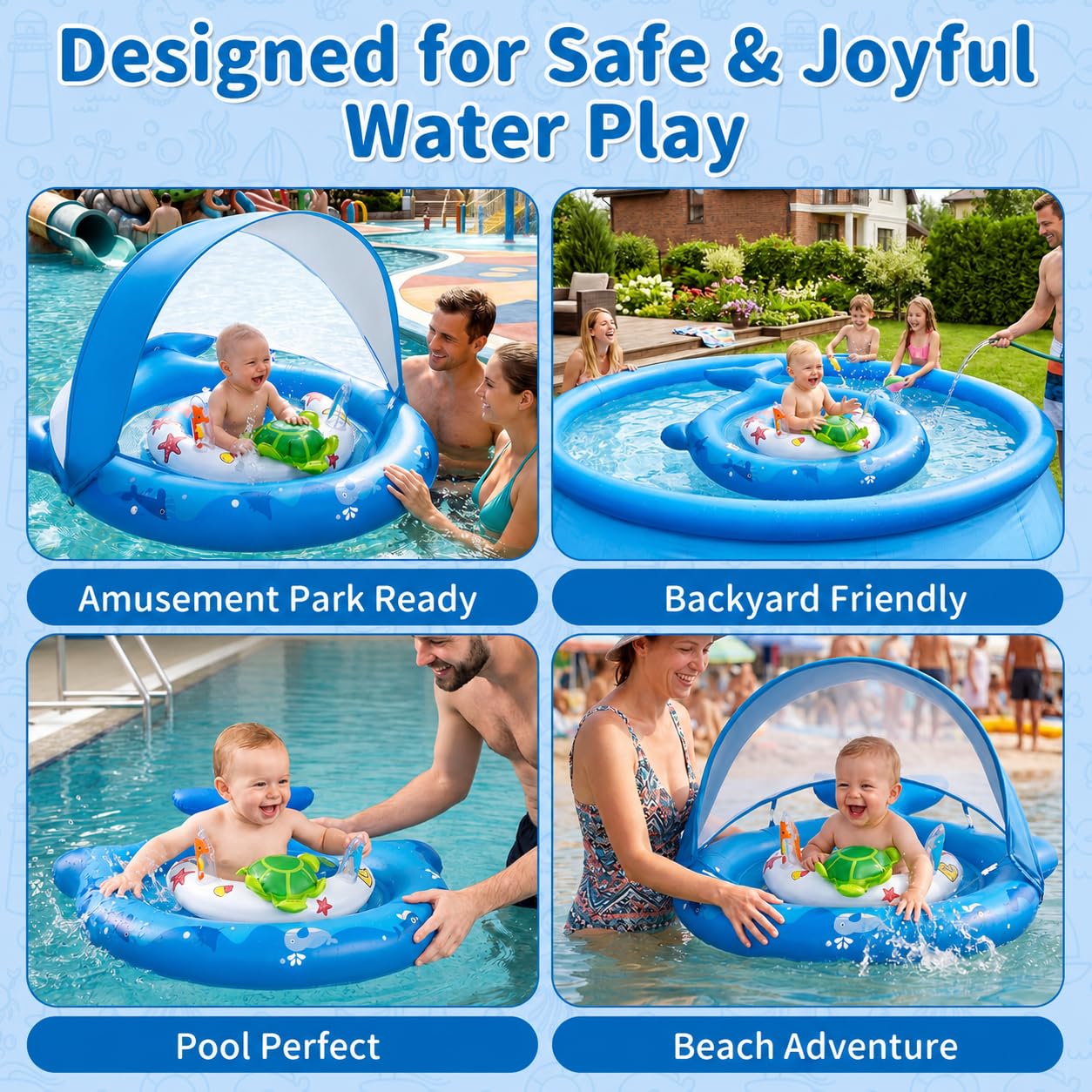 Inflatable Baby Pool Float with Sun Canopy, UPF50+Sun Protection, Portable & Easy to Store, Padded Safety Seat with, Includes Air Pump, with Toys Baby Swim Float for 6-36 Months Boys & Girls(Blue)